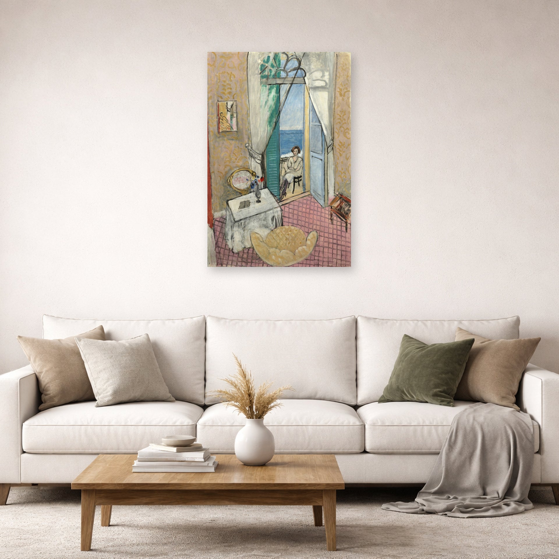 Unframed poster print of Henri Matisse's Interior at Nice displayed in a living room, view 2