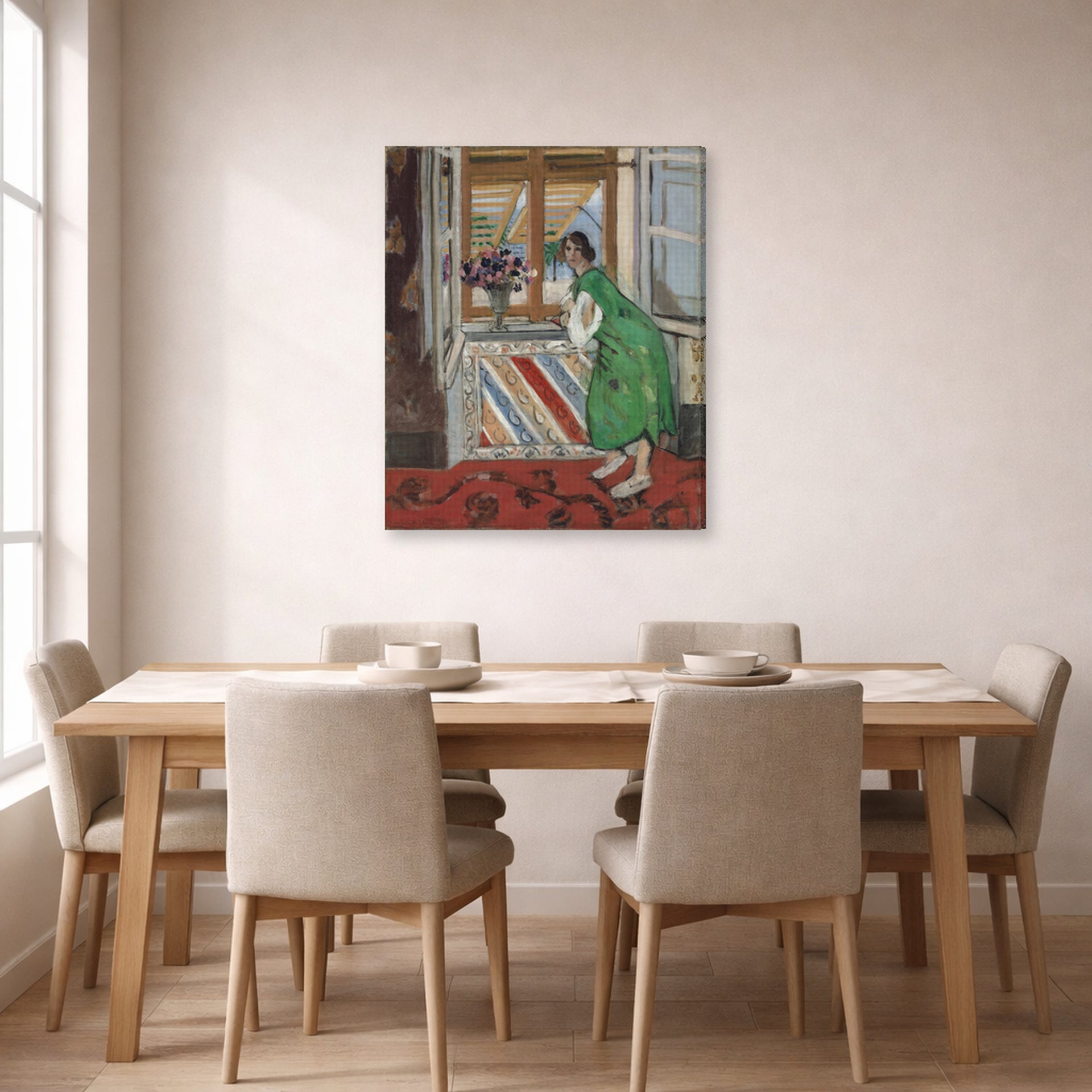 Gallery-wrapped canvas print of Henri Matisse's Jeune Fille a La Mauresque hanging on a dining room wall
