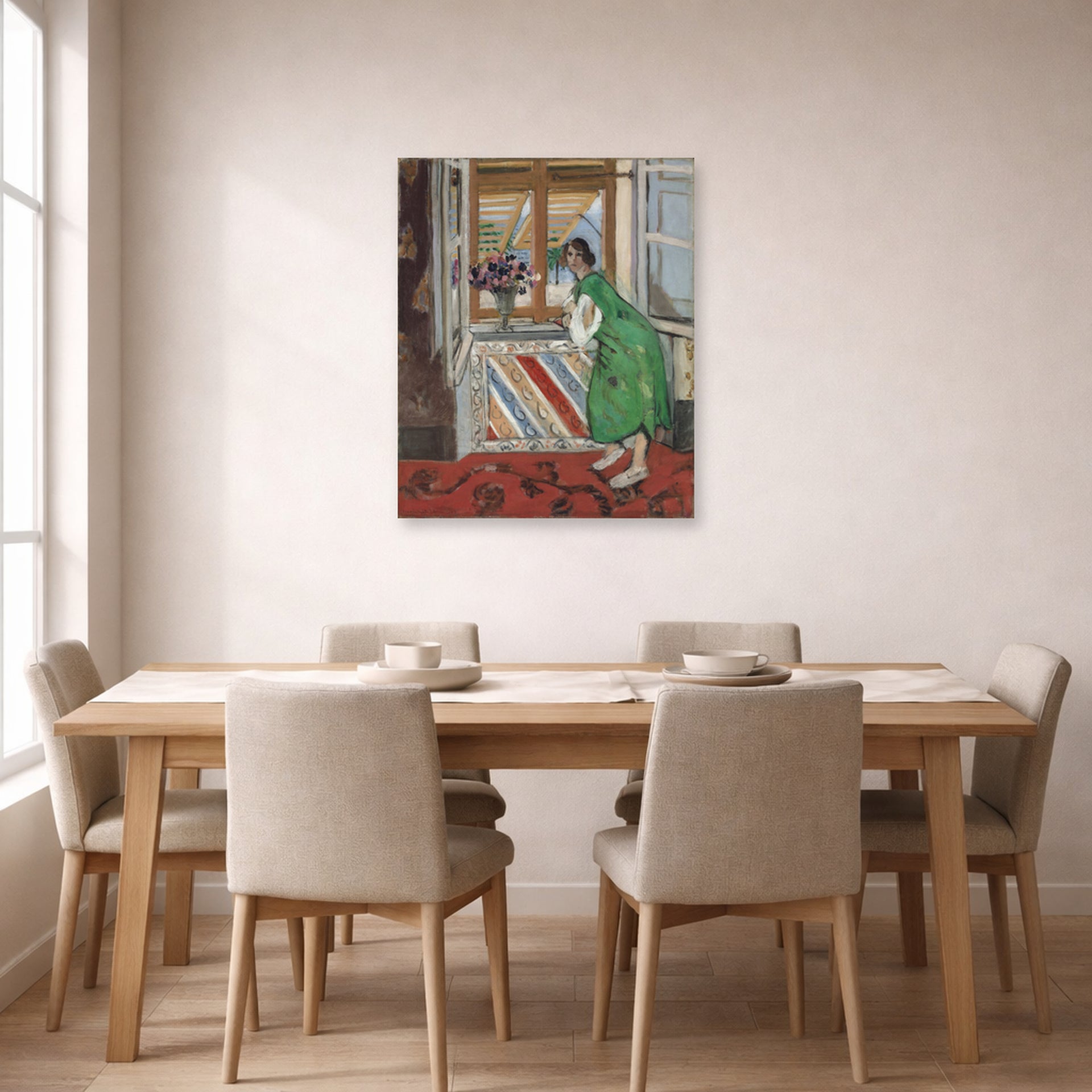 Unframed poster print of Henri Matisse's Jeune Fille a La Mauresque displayed on a dining room wall