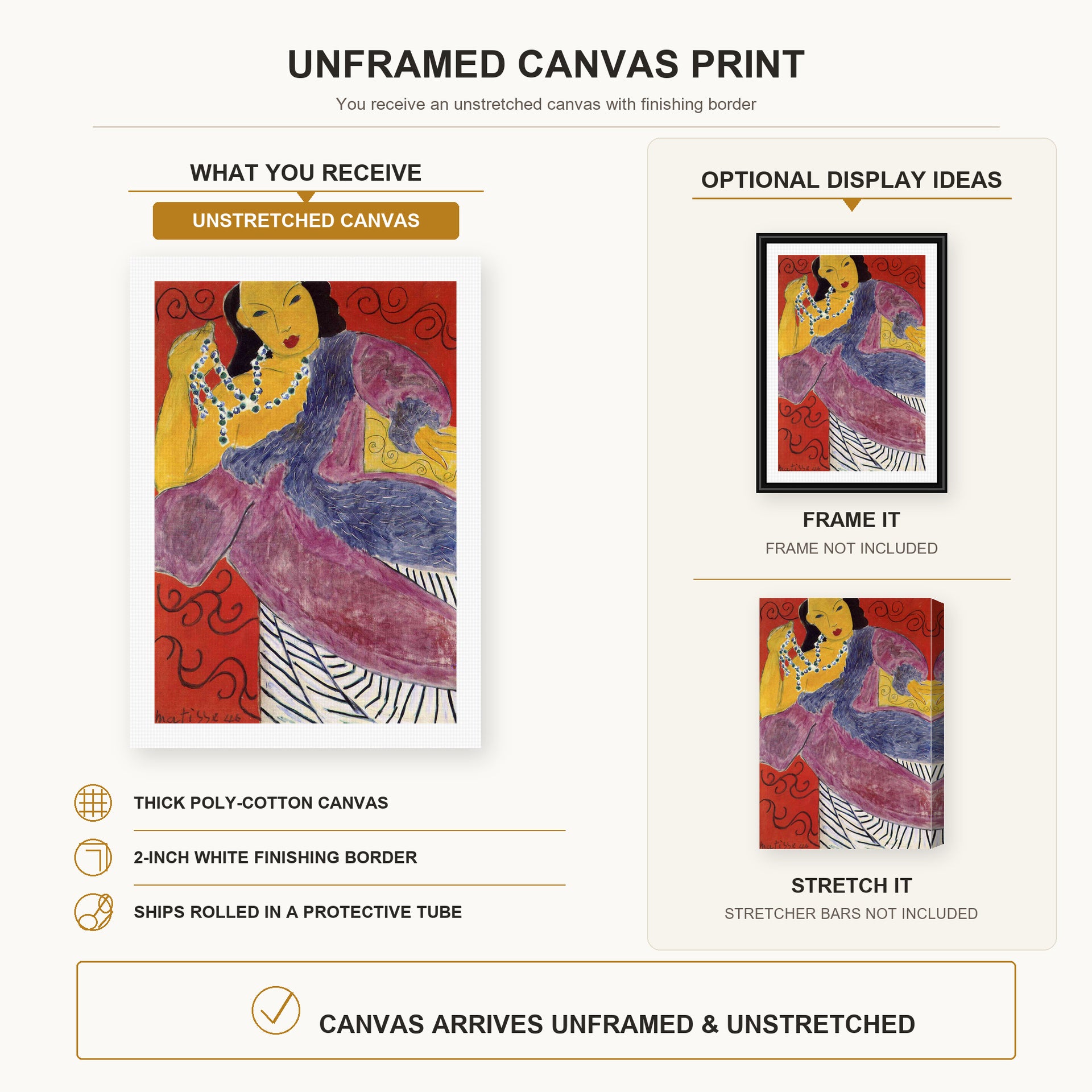 Henri Matisse - L'Asie (Asia) canvas print size comparison and framing display infographic