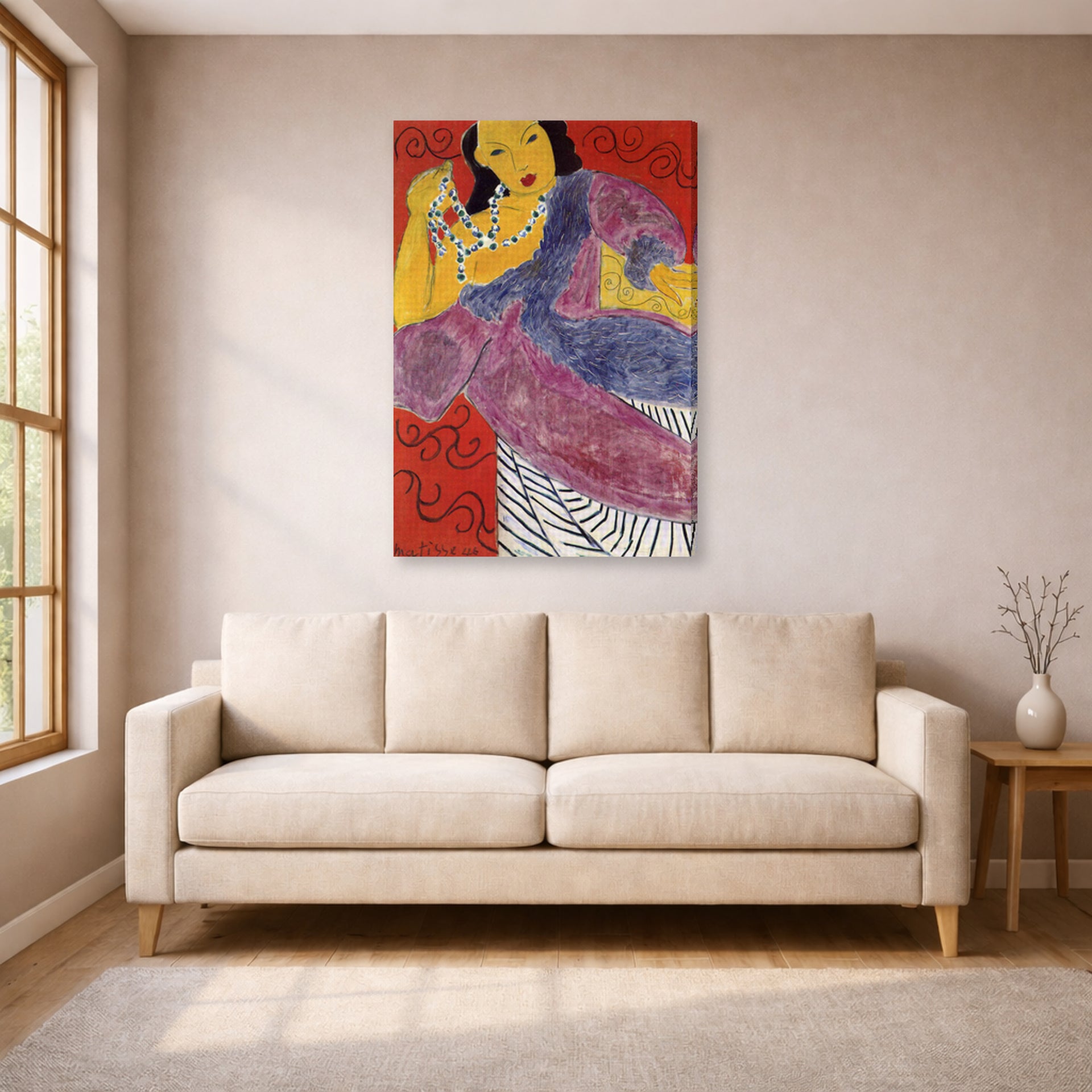 Gallery-wrapped canvas print of Henri Matisse's L'Asie (Asia) hanging in a living room, view 1