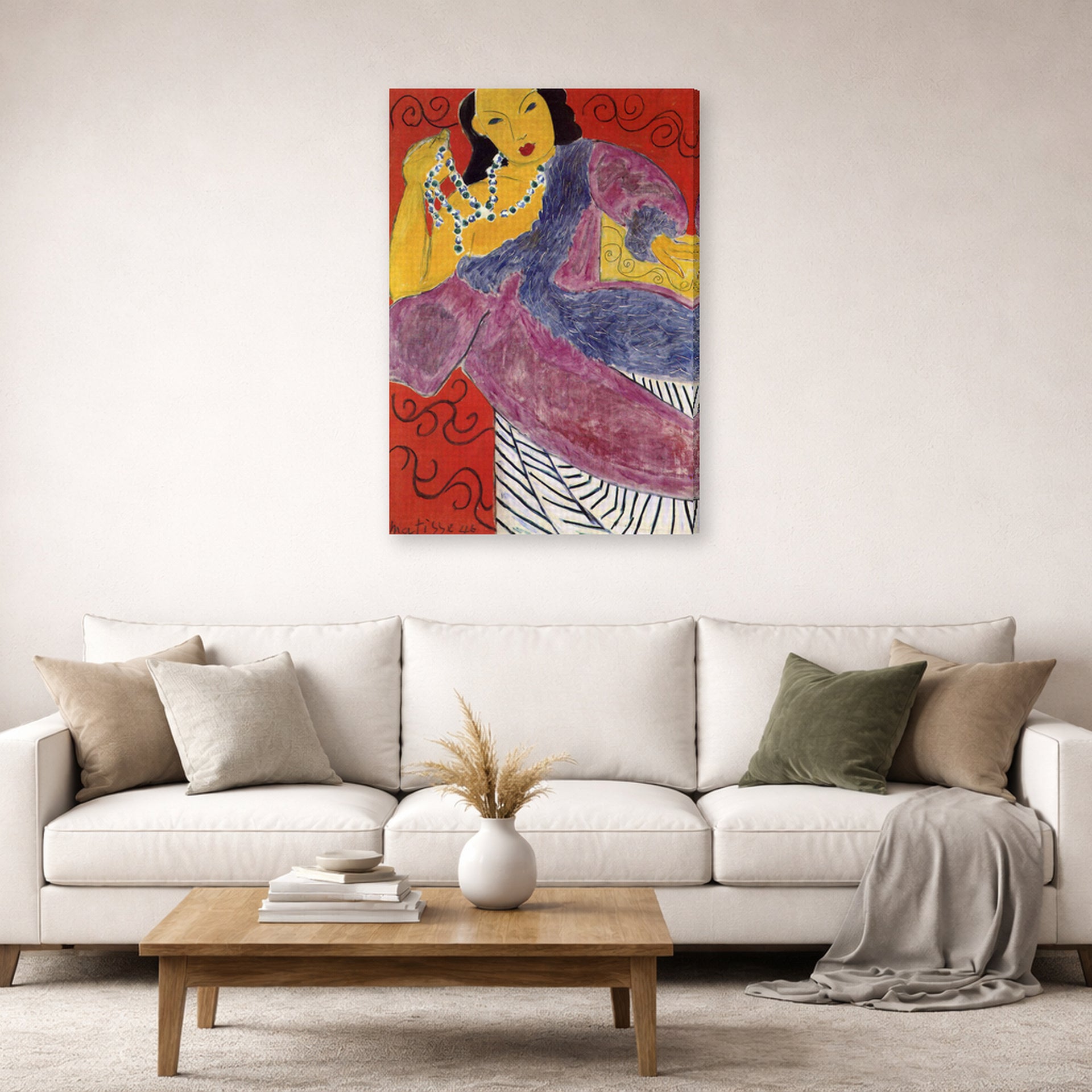 Gallery-wrapped canvas print of Henri Matisse's L'Asie (Asia) hanging in a living room, view 2