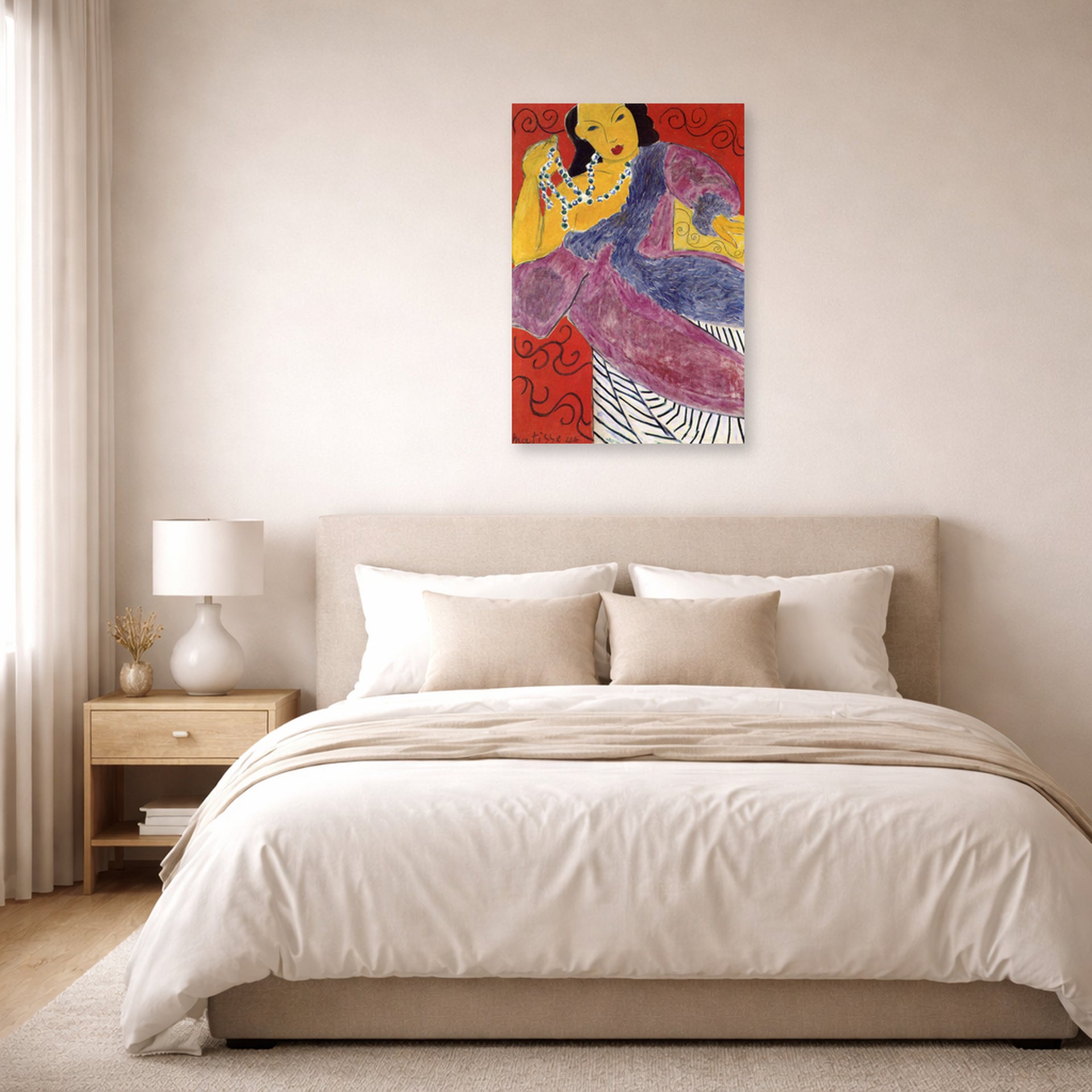 Unframed poster print of Henri Matisse's L'Asie (Asia) displayed above a bed in a bedroom