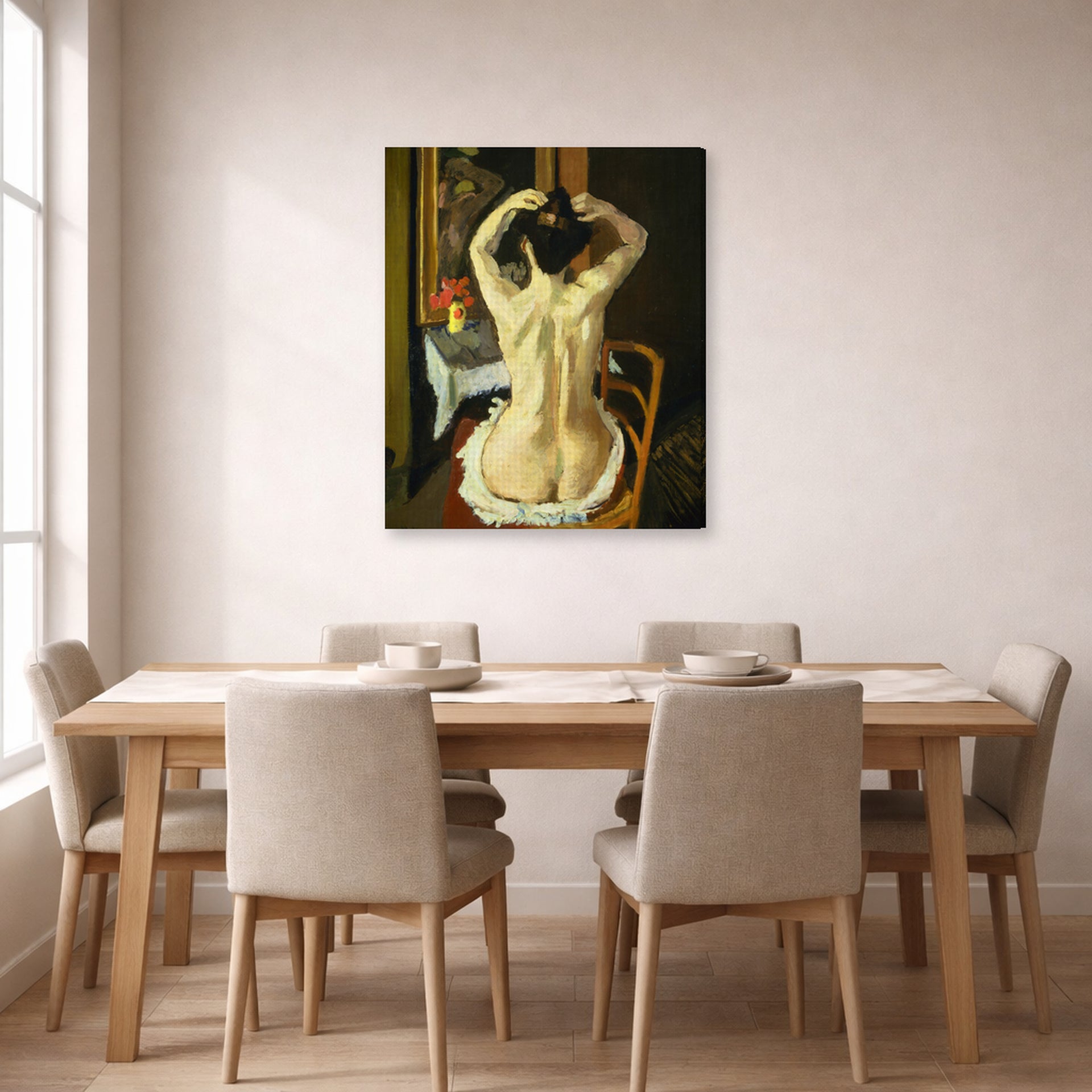 Gallery-wrapped canvas print of Henri Matisse's La Coiffure hanging on a dining room wall