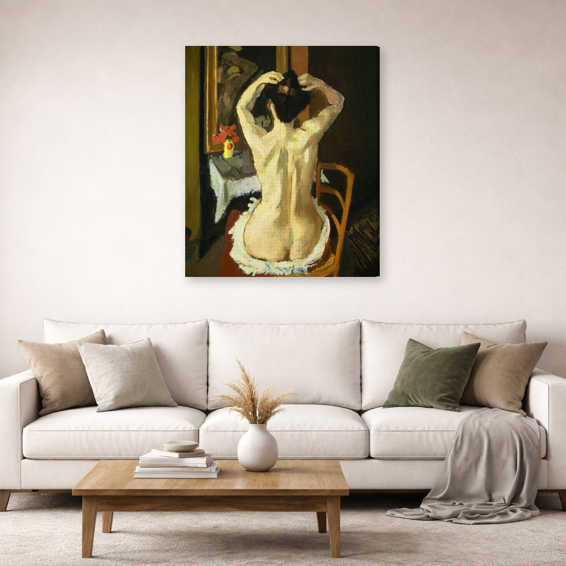 Gallery-wrapped canvas print of Henri Matisse's La Coiffure hanging in a living room, view 2