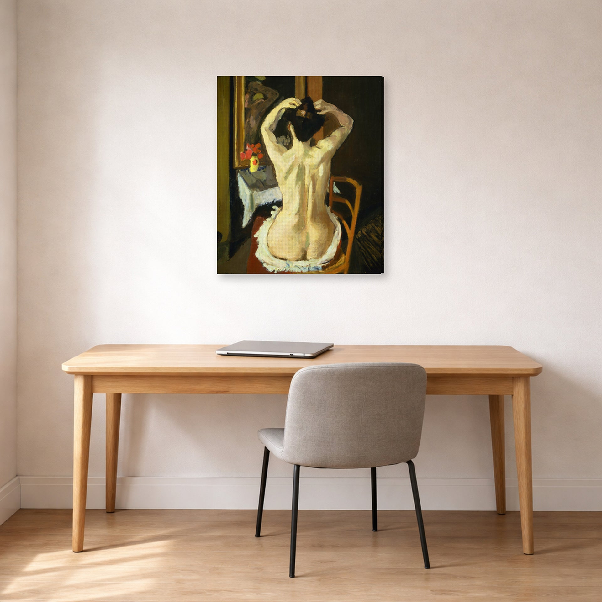 Gallery-wrapped canvas print of Henri Matisse's La Coiffure hanging in a home office