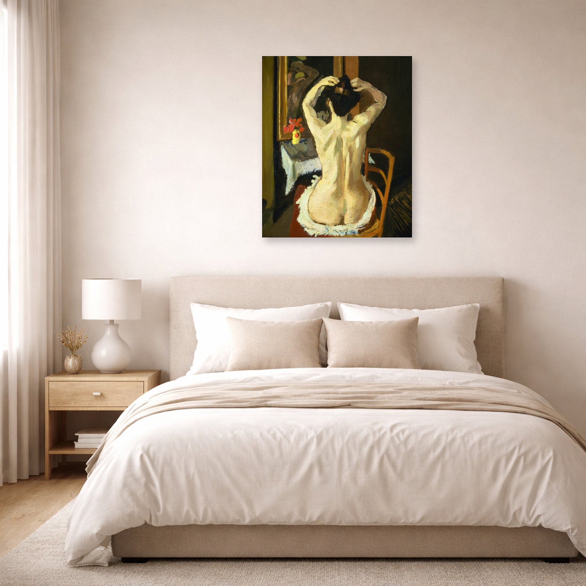 Unframed poster print of Henri Matisse's La Coiffure displayed above a bed in a bedroom