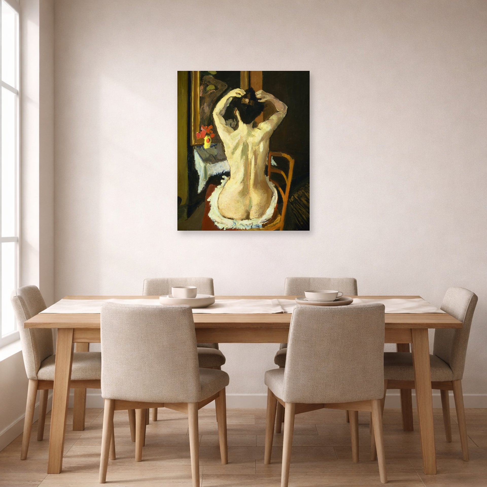 Unframed poster print of Henri Matisse's La Coiffure displayed on a dining room wall