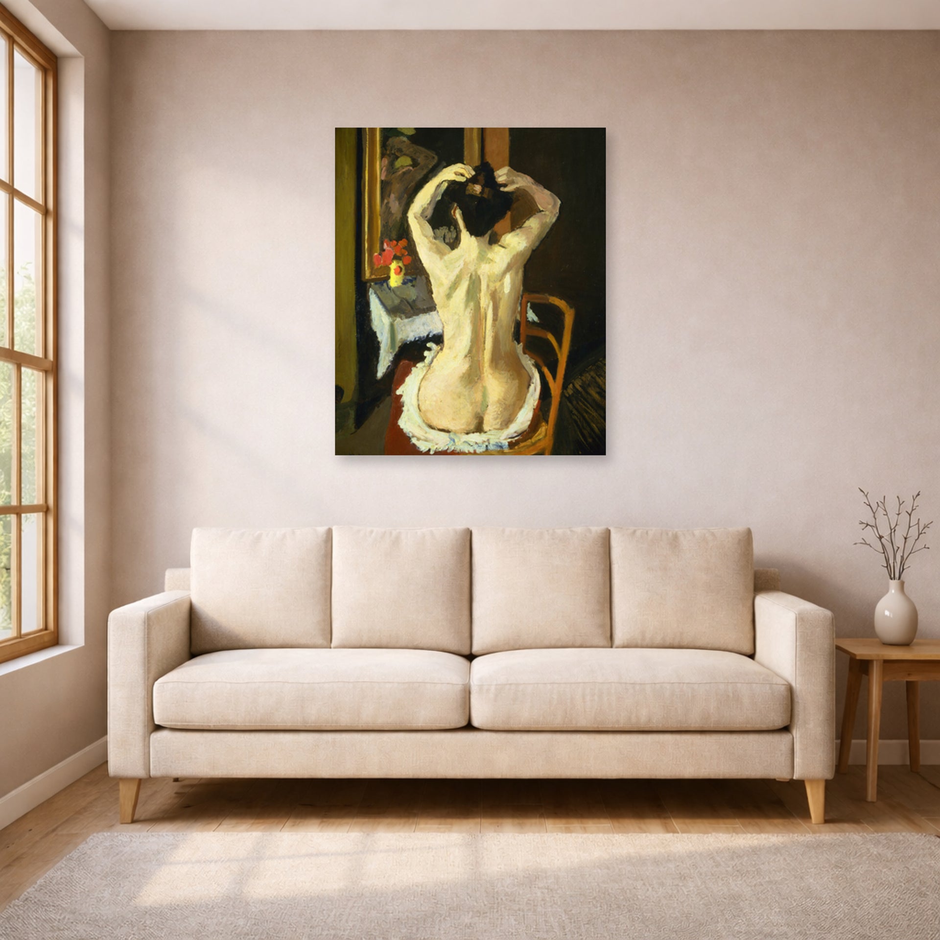 Unframed poster print of Henri Matisse's La Coiffure displayed in a living room, view 1