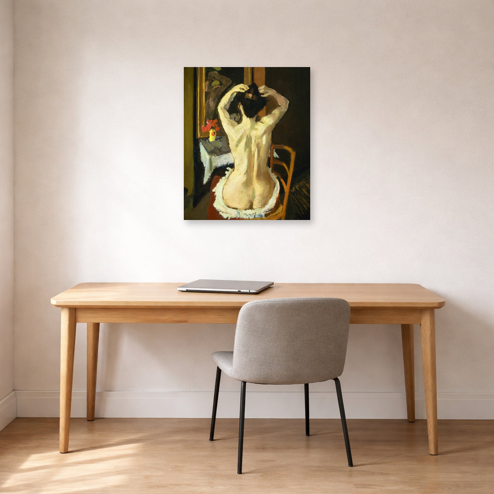 Unframed poster print of Henri Matisse's La Coiffure displayed in a home office