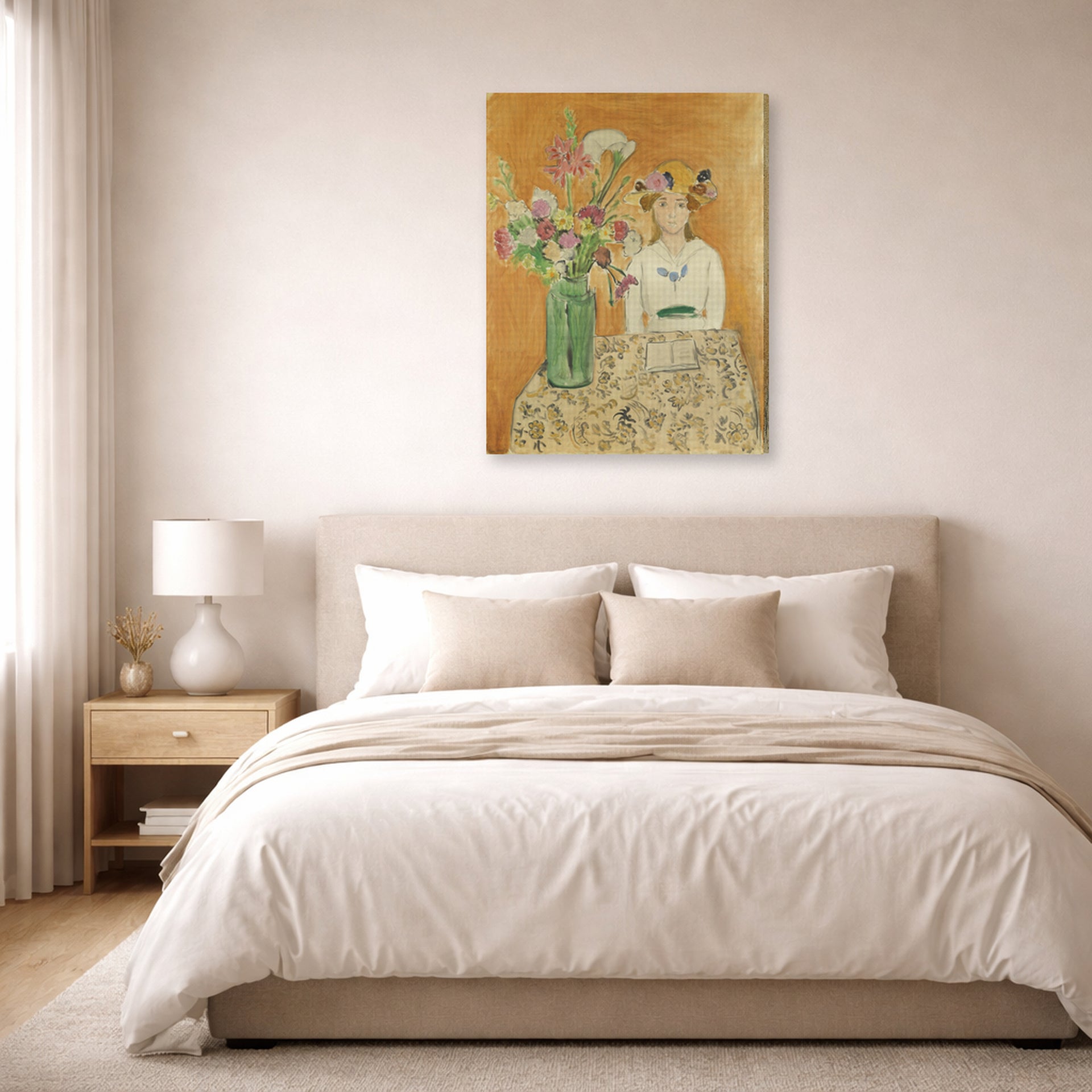 Gallery-wrapped canvas print of Henri Matisse's La Fille En Blanc Et Le Bouquet hanging above a bed in a bedroom