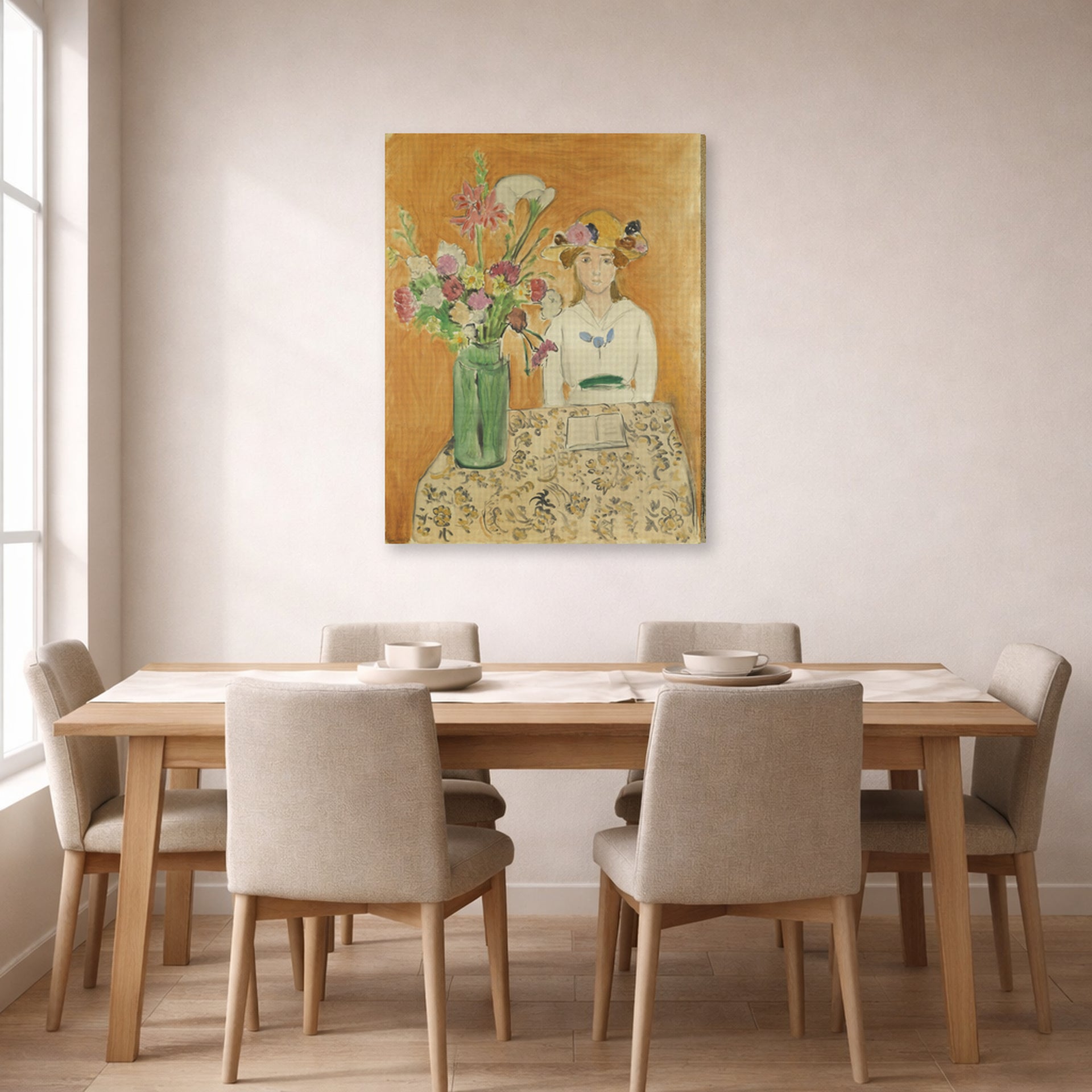 Gallery-wrapped canvas print of Henri Matisse's La Fille En Blanc Et Le Bouquet hanging on a dining room wall