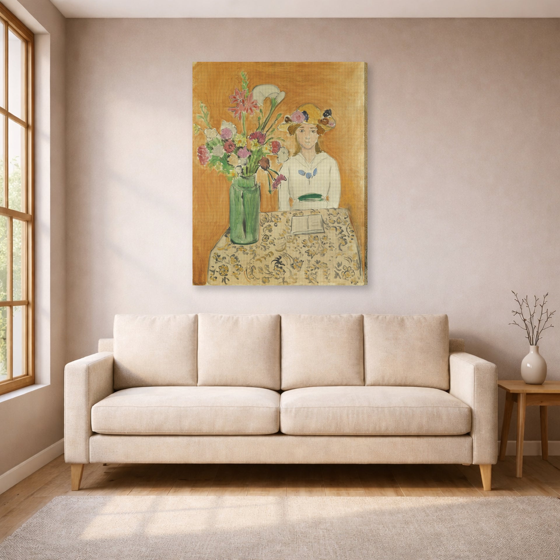 Gallery-wrapped canvas print of Henri Matisse's La Fille En Blanc Et Le Bouquet hanging in a living room, view 1