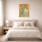 Unframed poster print of Henri Matisse's La Fille En Blanc Et Le Bouquet displayed above a bed in a bedroom
