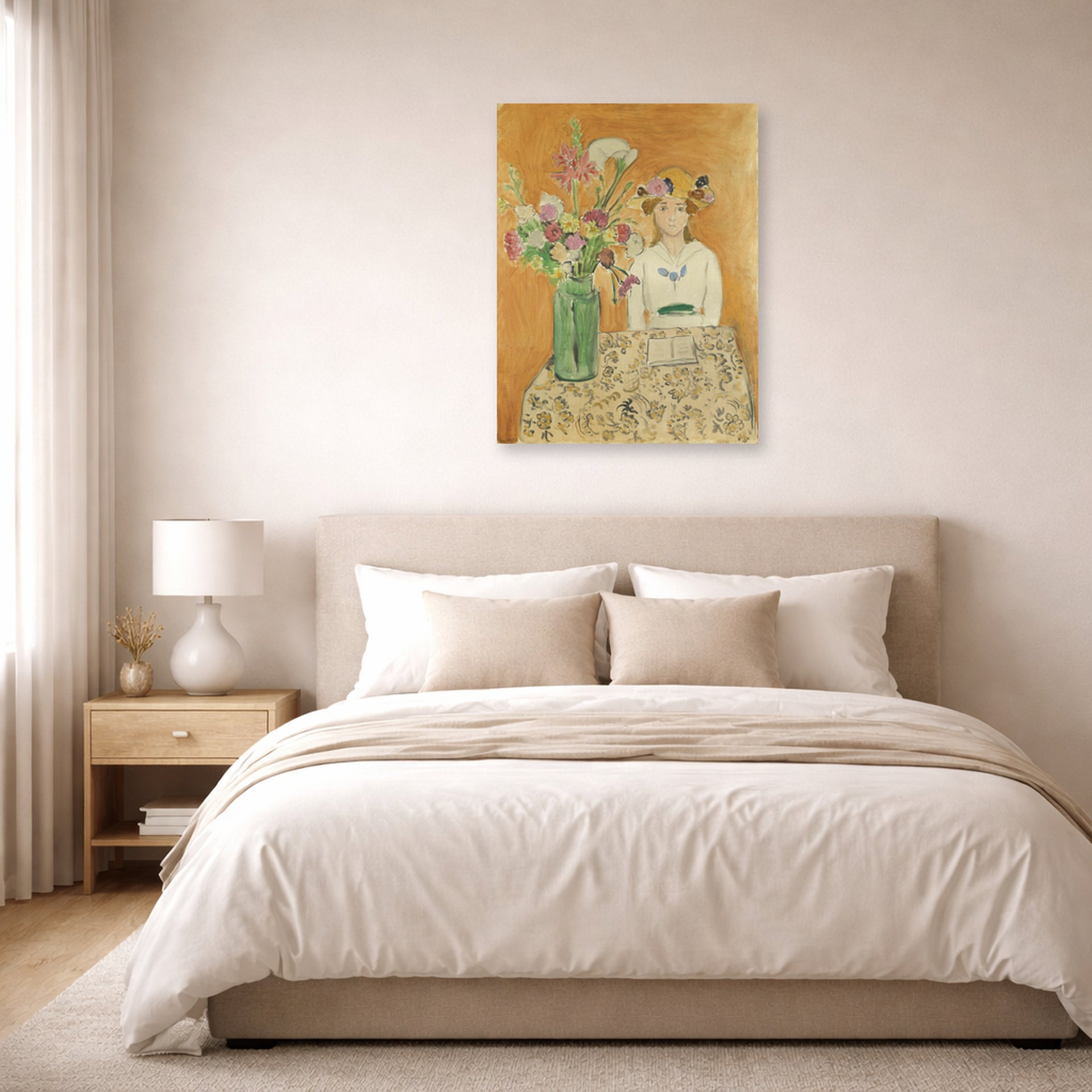 Unframed poster print of Henri Matisse's La Fille En Blanc Et Le Bouquet displayed above a bed in a bedroom