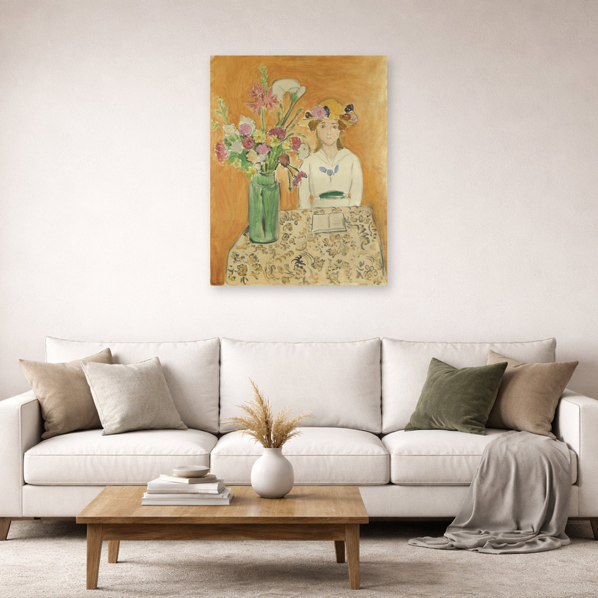 Unframed poster print of Henri Matisse's La Fille En Blanc Et Le Bouquet displayed in a living room, view 2