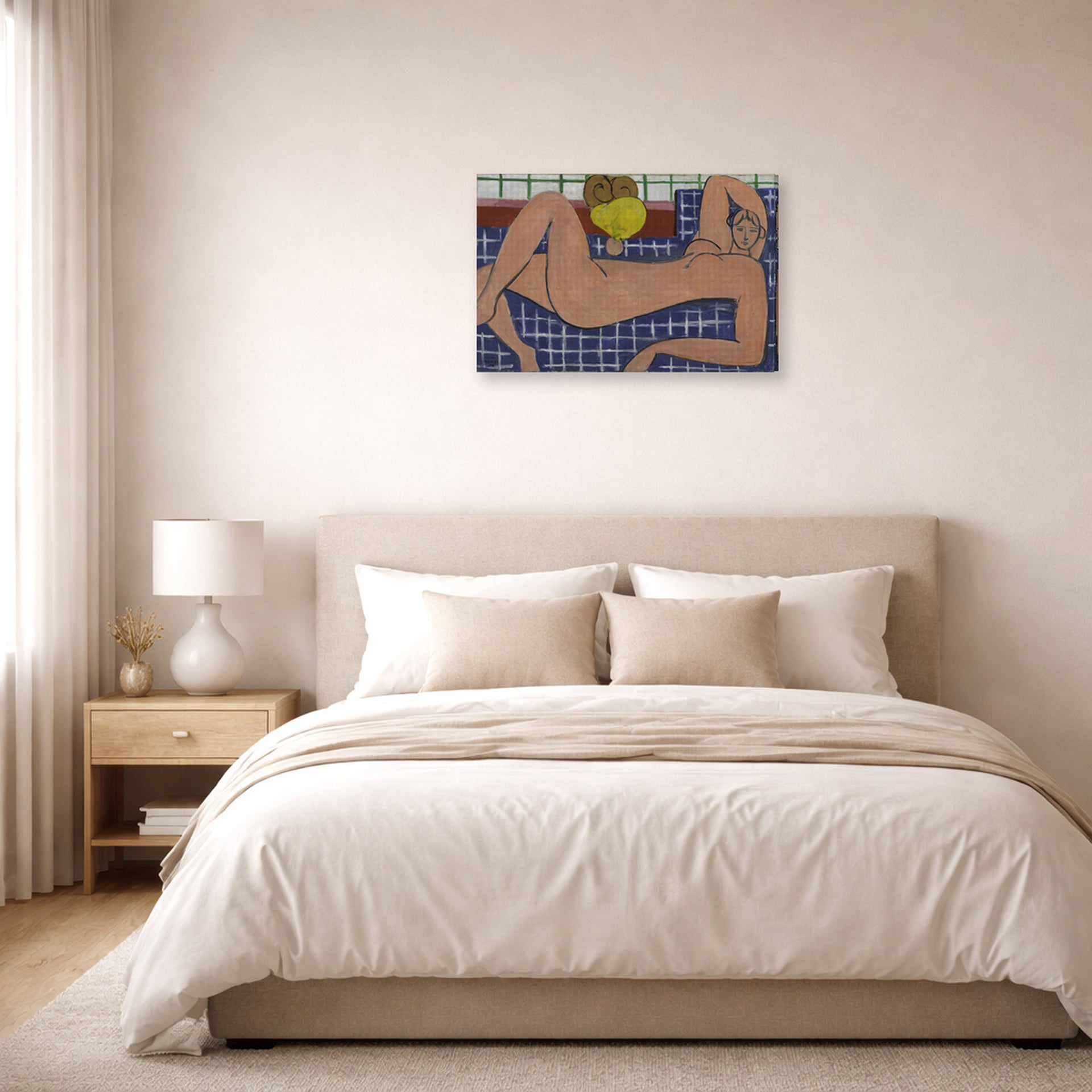Gallery-wrapped canvas print of Henri Matisse's Large Reclining Nude hanging above a bed in a bedroom