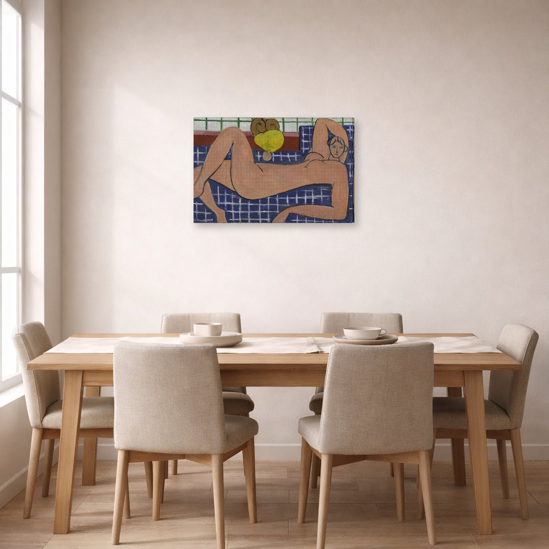 Gallery-wrapped canvas print of Henri Matisse's Large Reclining Nude hanging on a dining room wall