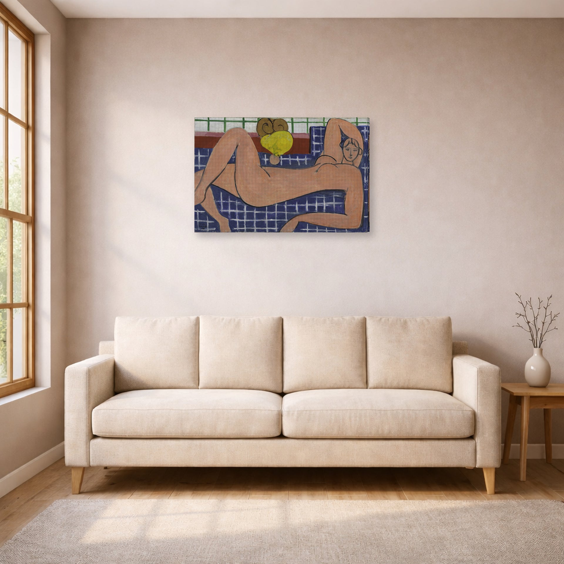 Gallery-wrapped canvas print of Henri Matisse's Large Reclining Nude hanging in a living room, view 1