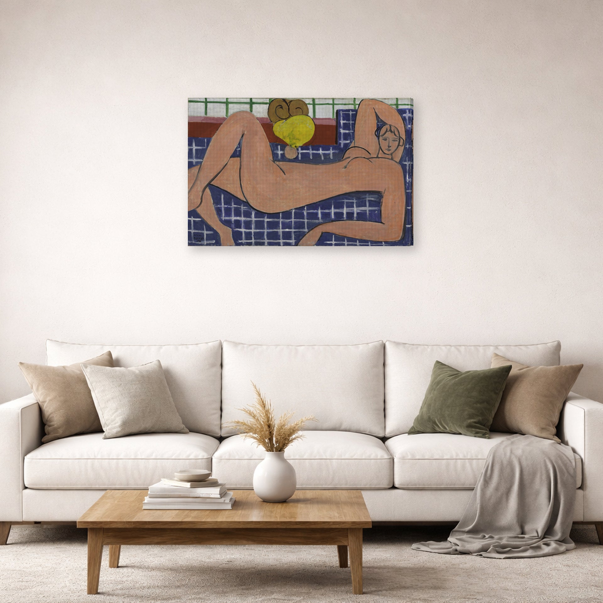Gallery-wrapped canvas print of Henri Matisse's Large Reclining Nude hanging in a living room, view 2