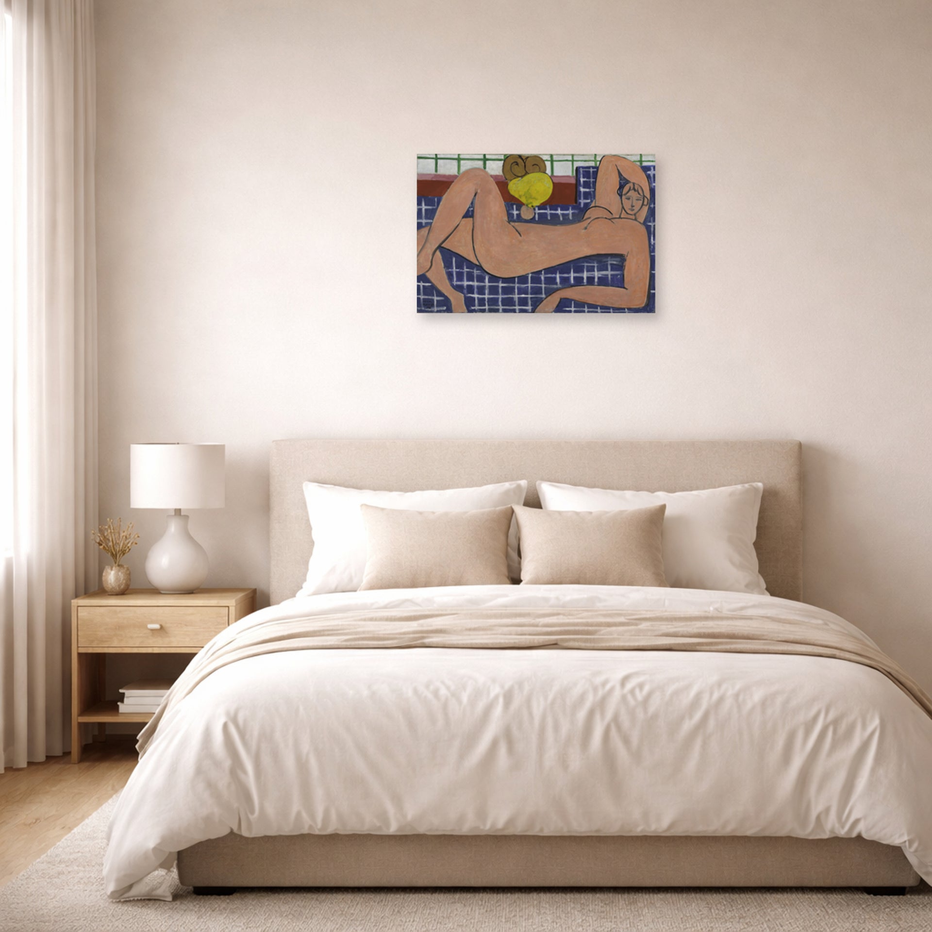 Unframed poster print of Henri Matisse's Large Reclining Nude displayed above a bed in a bedroom