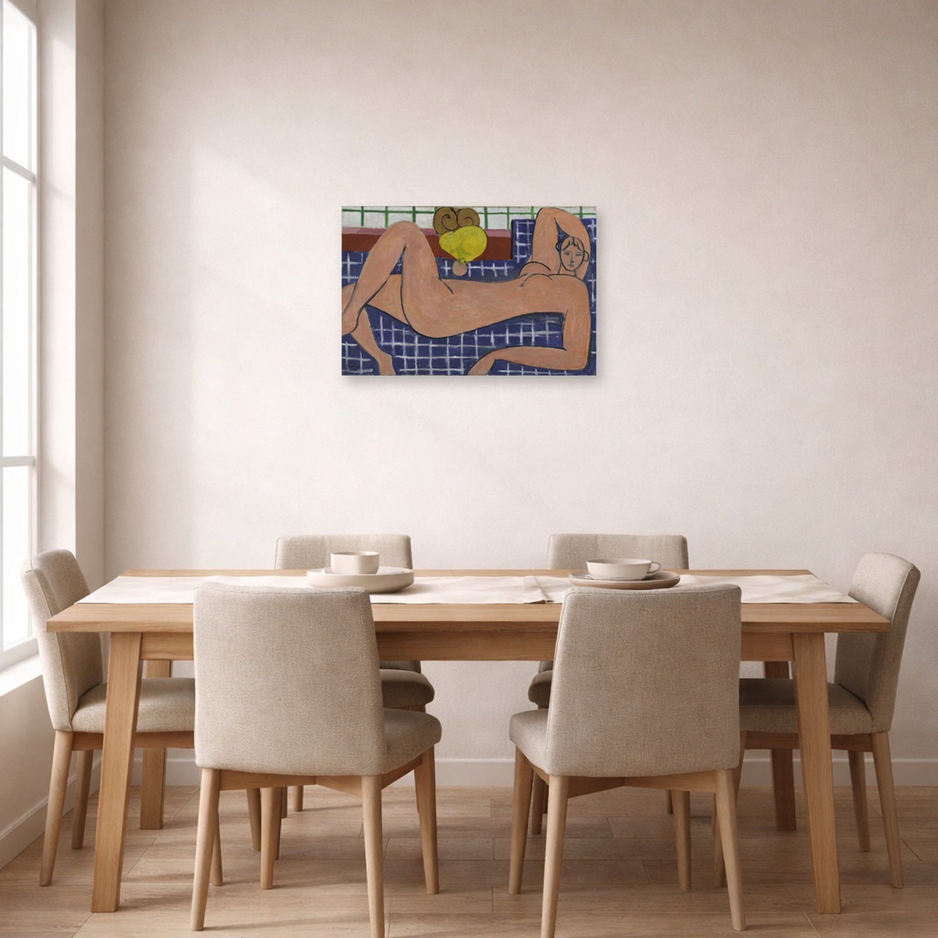 Unframed poster print of Henri Matisse's Large Reclining Nude displayed on a dining room wall