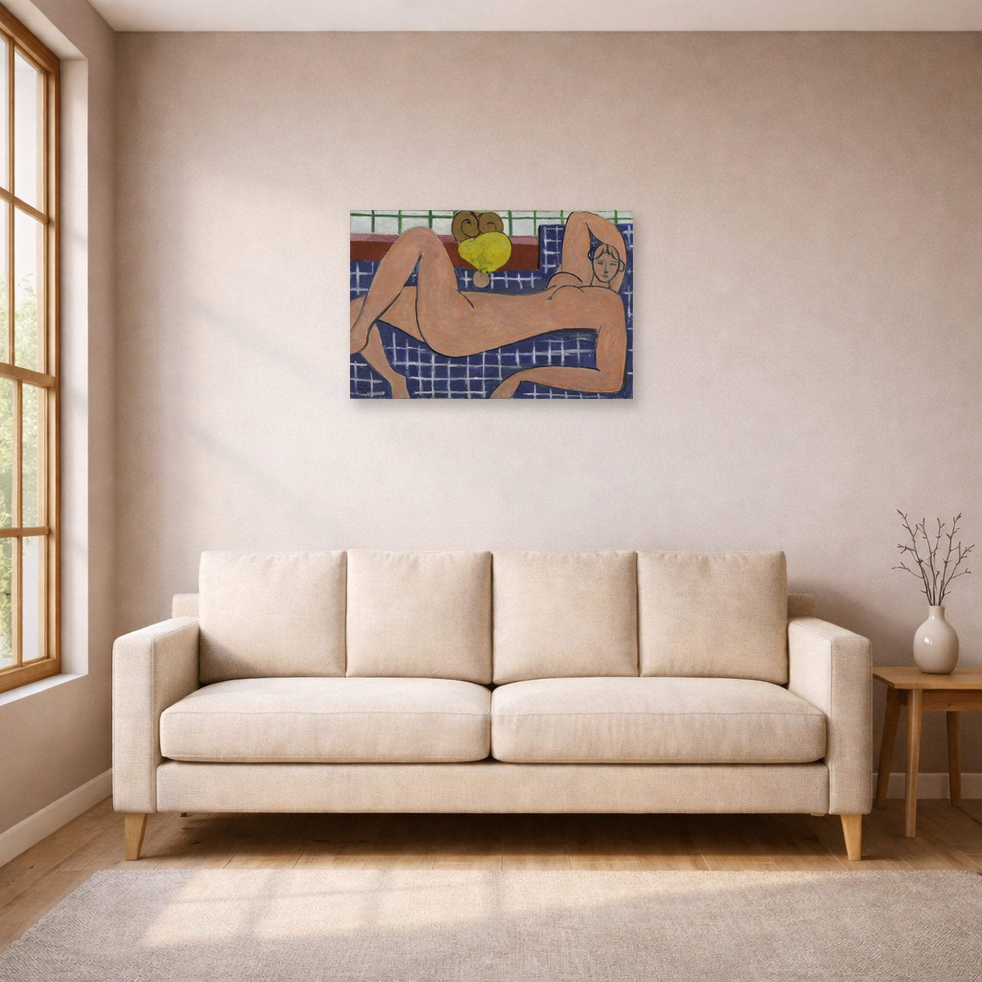 Unframed poster print of Henri Matisse's Large Reclining Nude displayed in a living room, view 1