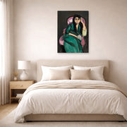 Gallery-wrapped canvas print of Henri Matisse's Laurette in a Green Robe hanging above a bed in a bedroom