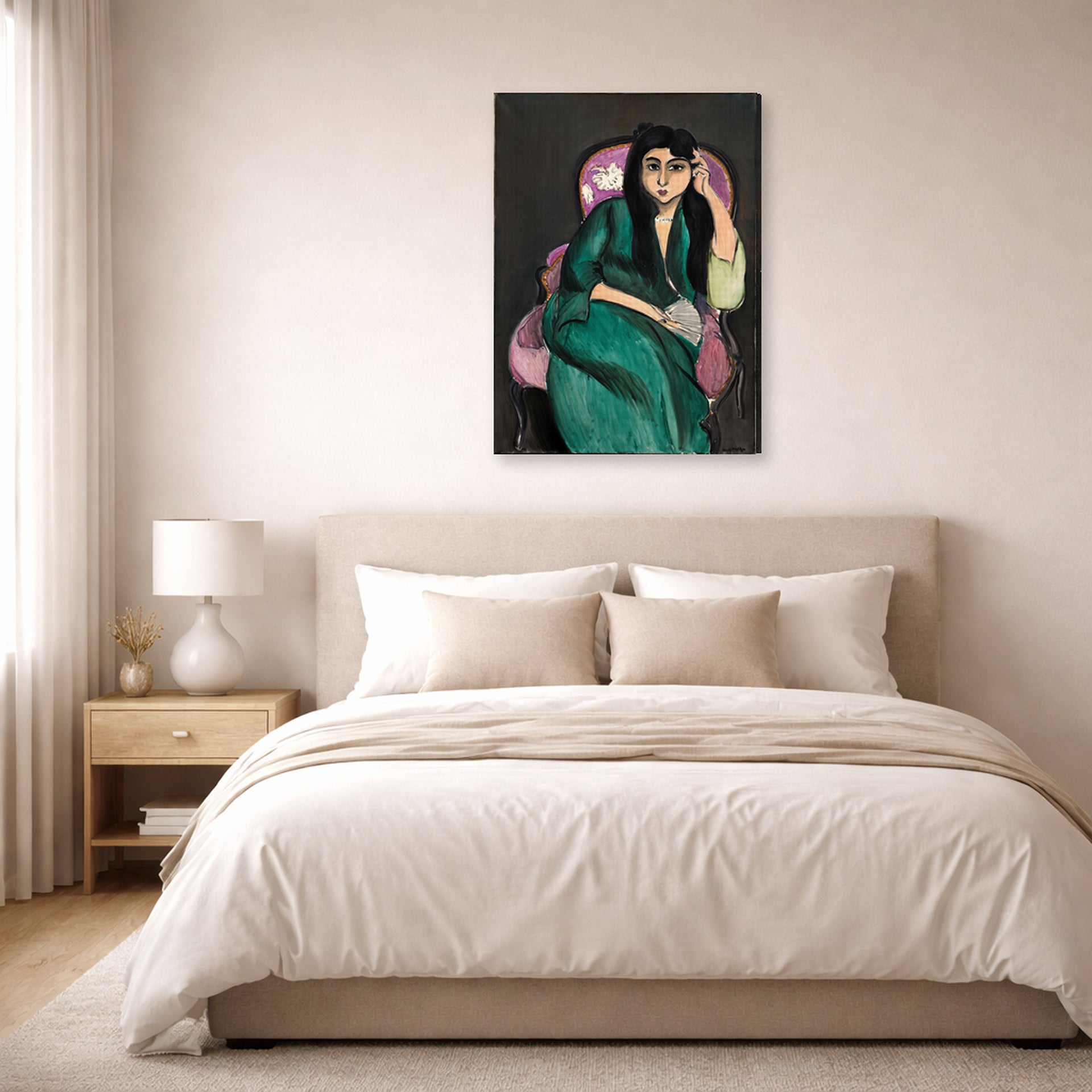 Gallery-wrapped canvas print of Henri Matisse's Laurette in a Green Robe hanging above a bed in a bedroom
