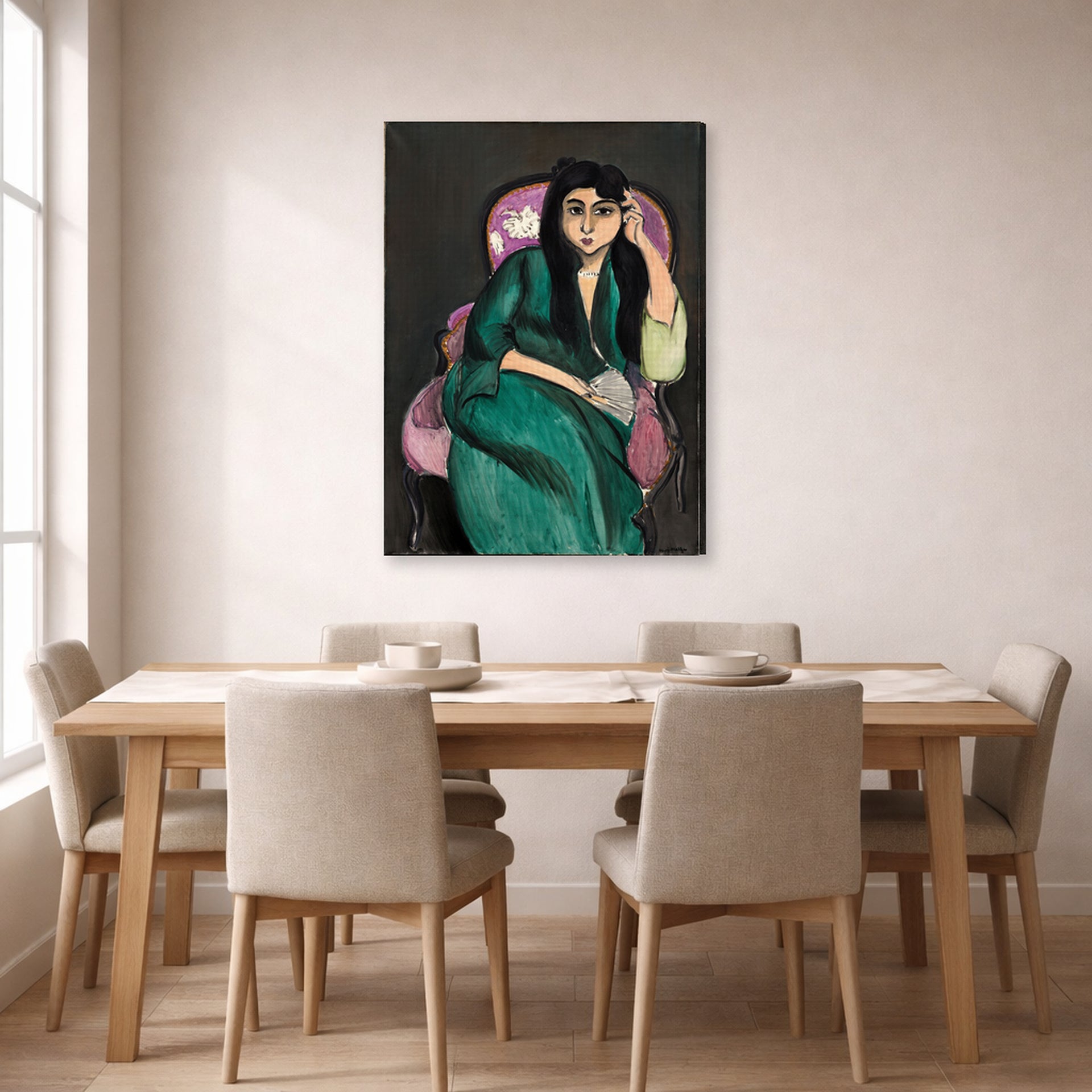 Gallery-wrapped canvas print of Henri Matisse's Laurette in a Green Robe hanging on a dining room wall