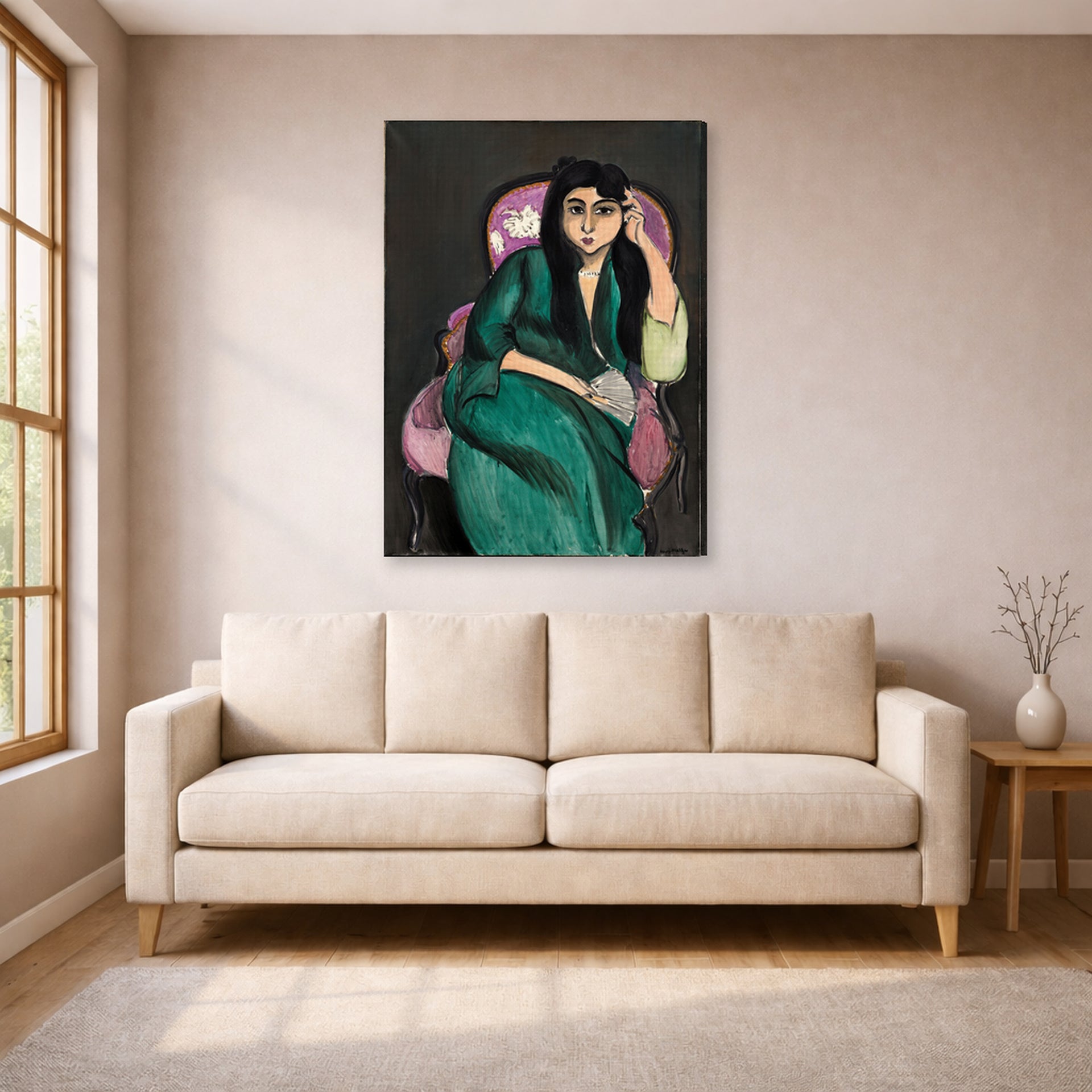 Gallery-wrapped canvas print of Henri Matisse's Laurette in a Green Robe hanging in a living room, view 1