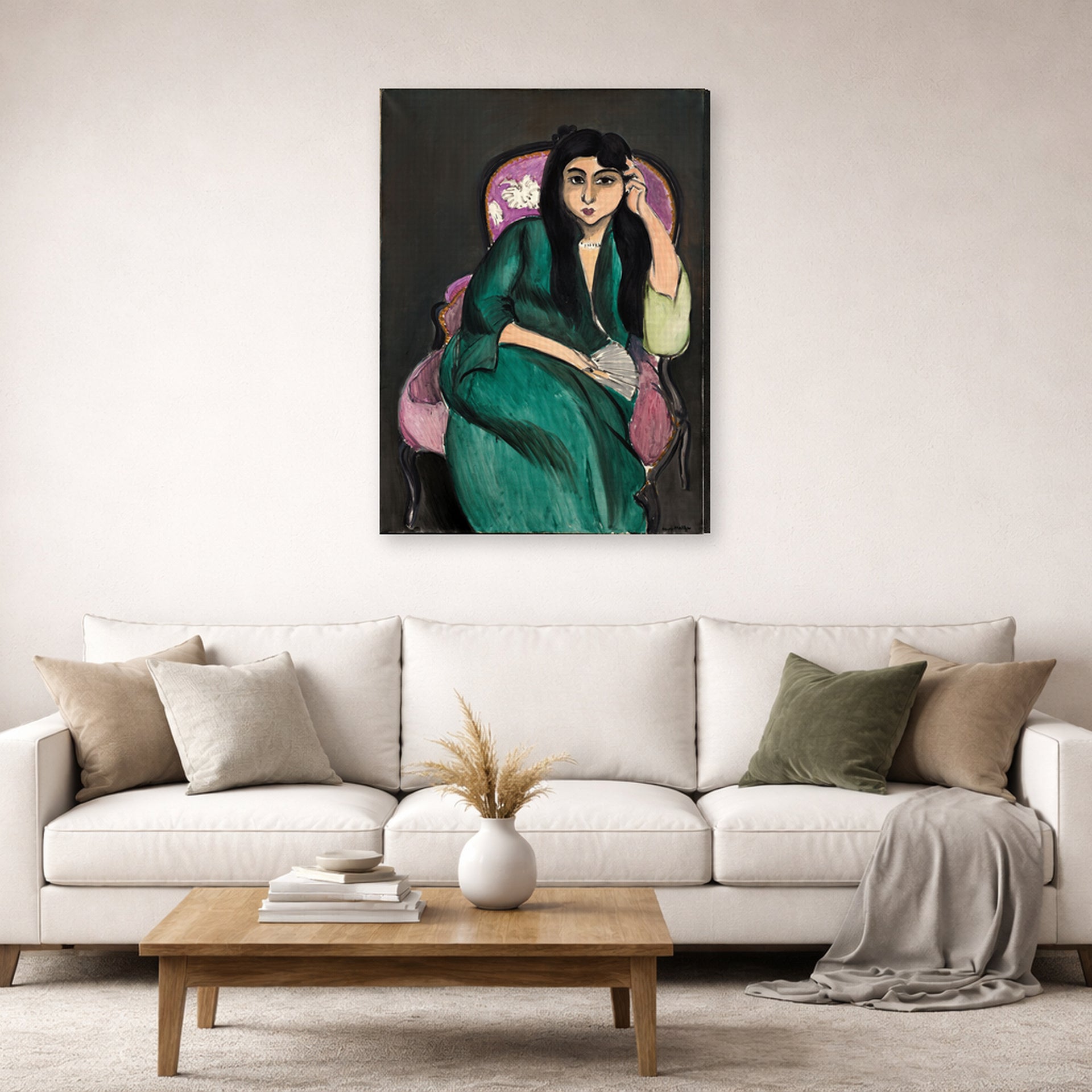 Gallery-wrapped canvas print of Henri Matisse's Laurette in a Green Robe hanging in a living room, view 2