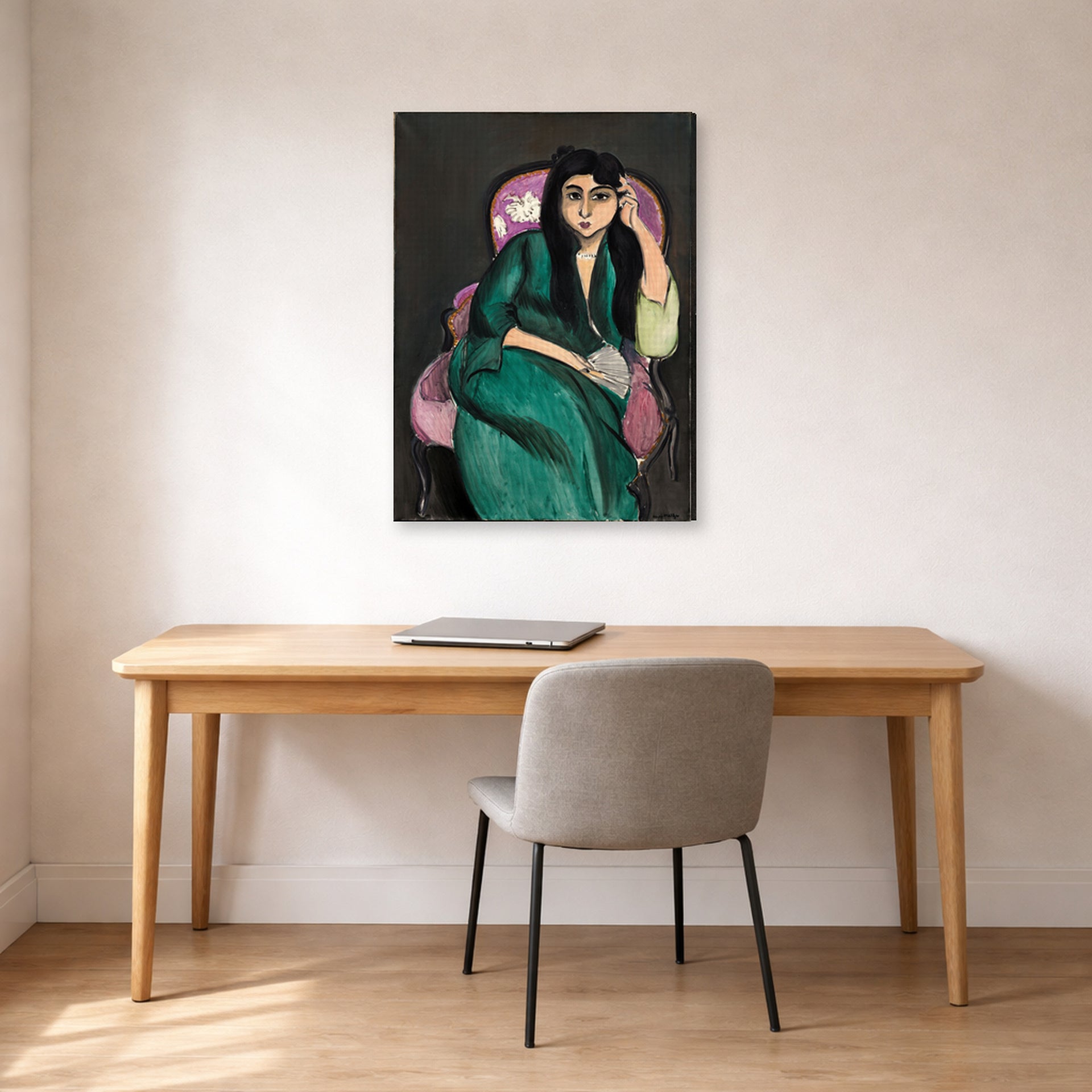 Gallery-wrapped canvas print of Henri Matisse's Laurette in a Green Robe hanging in a home office