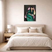 Unframed poster print of Henri Matisse's Laurette in a Green Robe displayed above a bed in a bedroom