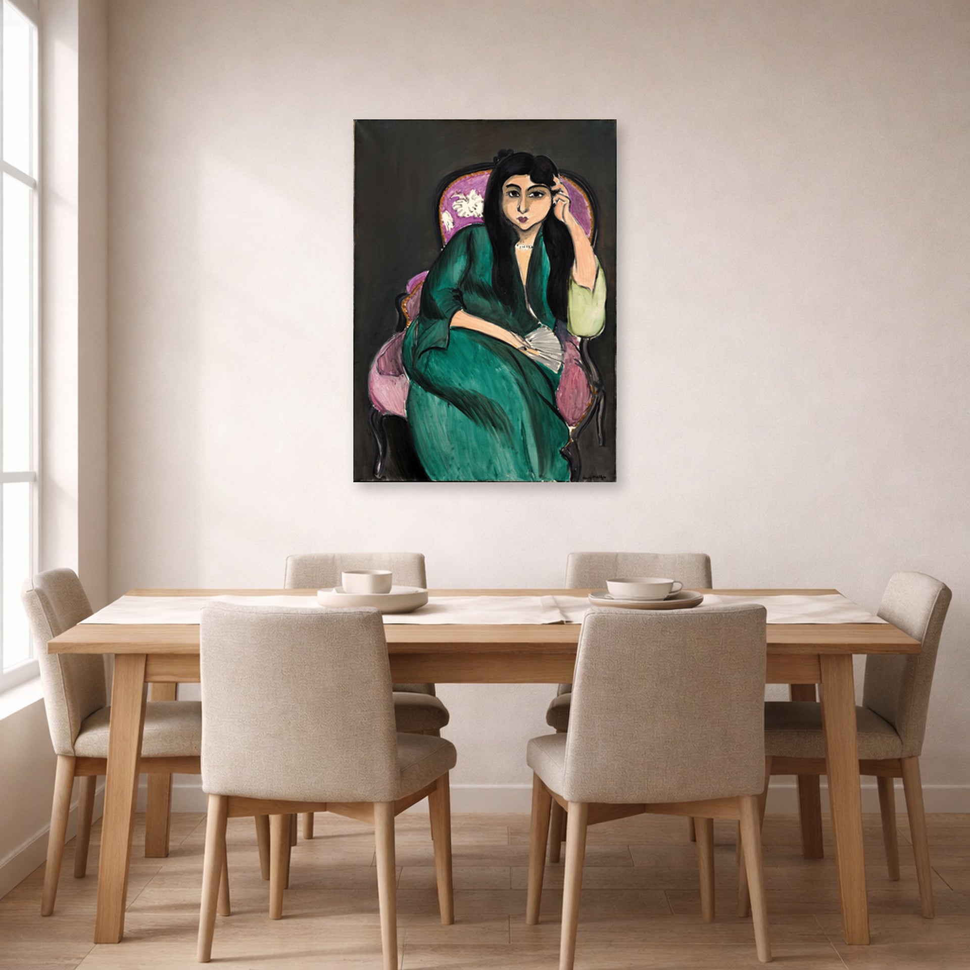 Unframed poster print of Henri Matisse's Laurette in a Green Robe displayed on a dining room wall