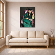 Unframed poster print of Henri Matisse's Laurette in a Green Robe displayed in a living room, view 1