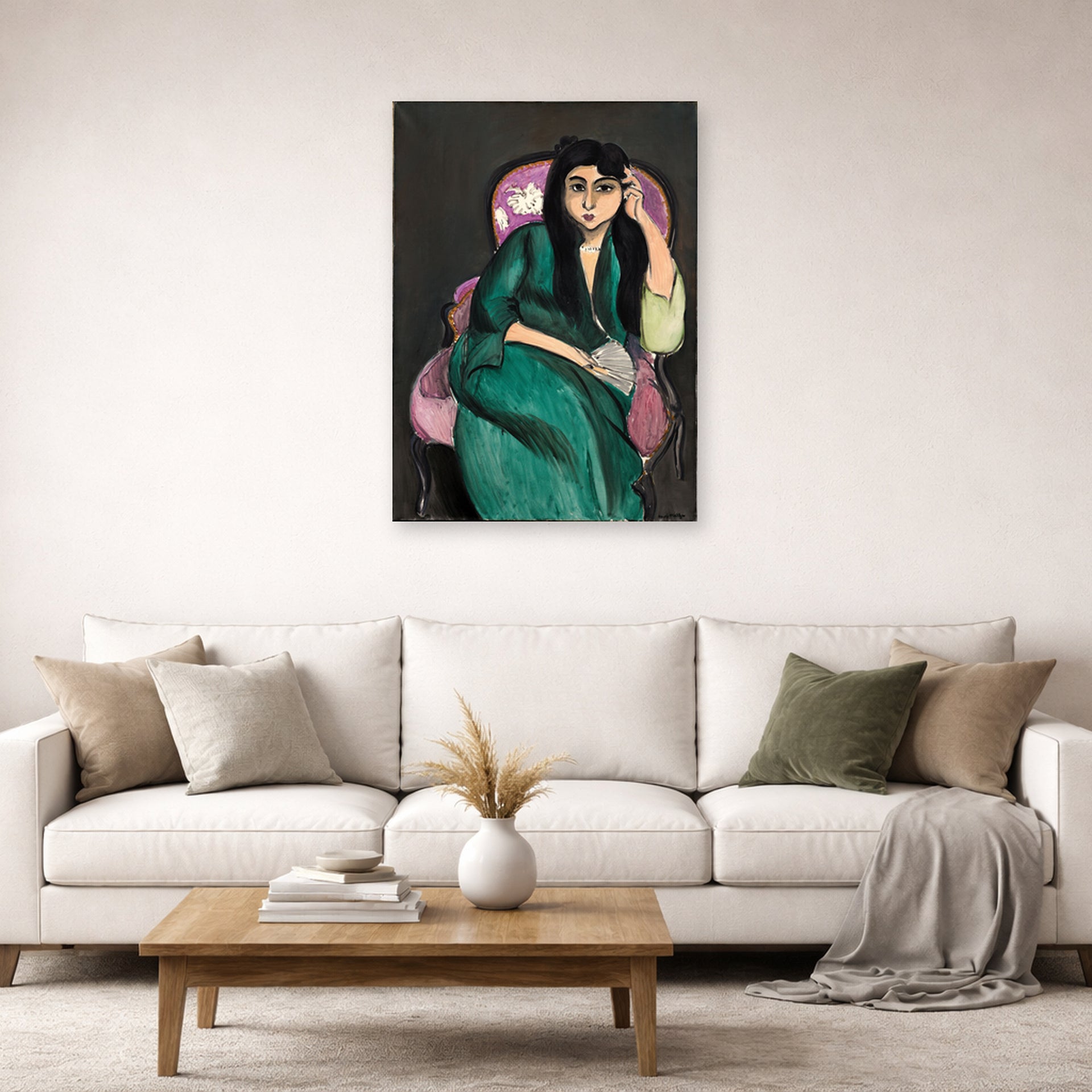 Unframed poster print of Henri Matisse's Laurette in a Green Robe displayed in a living room, view 2