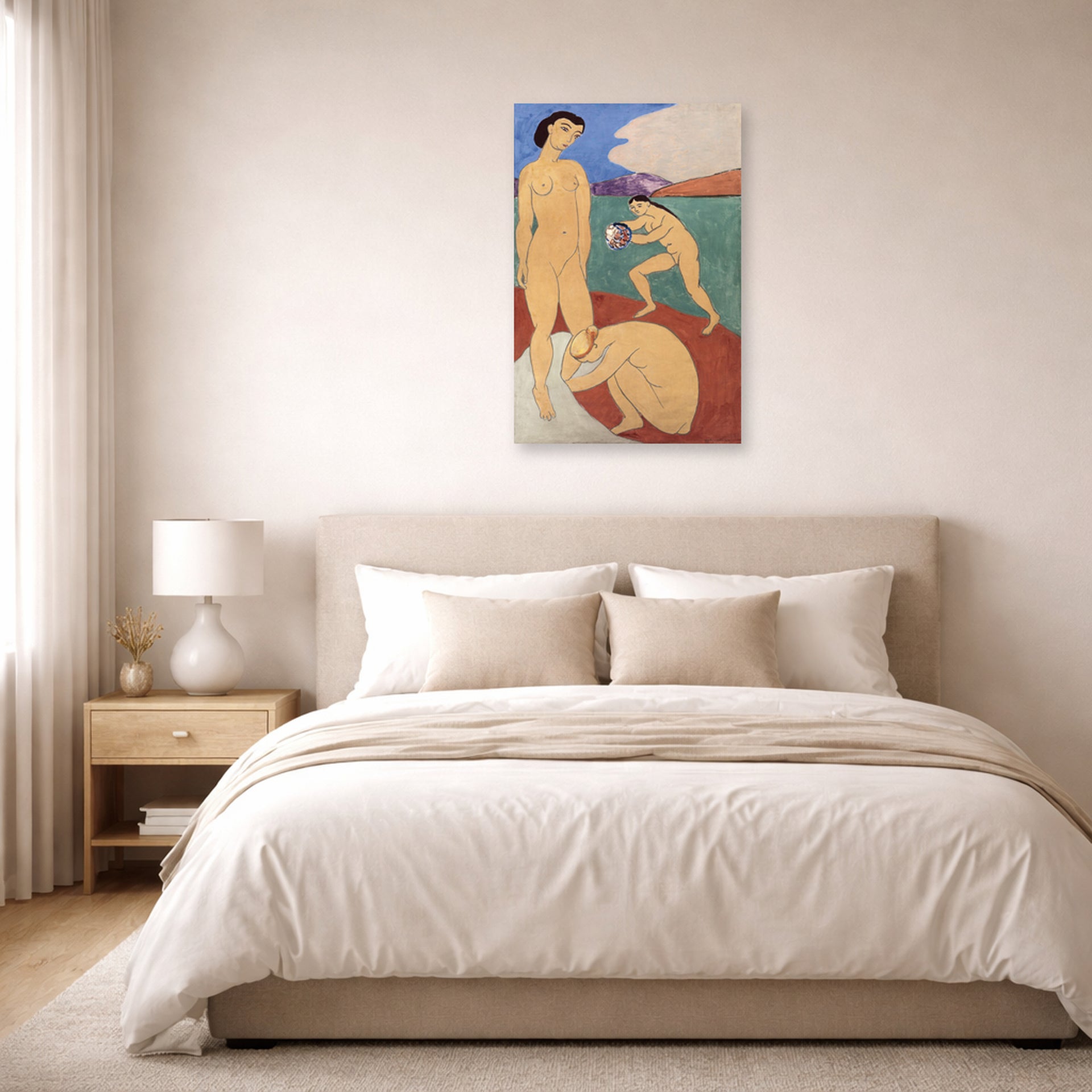 Unframed poster print of Henri Matisse's Le Luxe II displayed above a bed in a bedroom