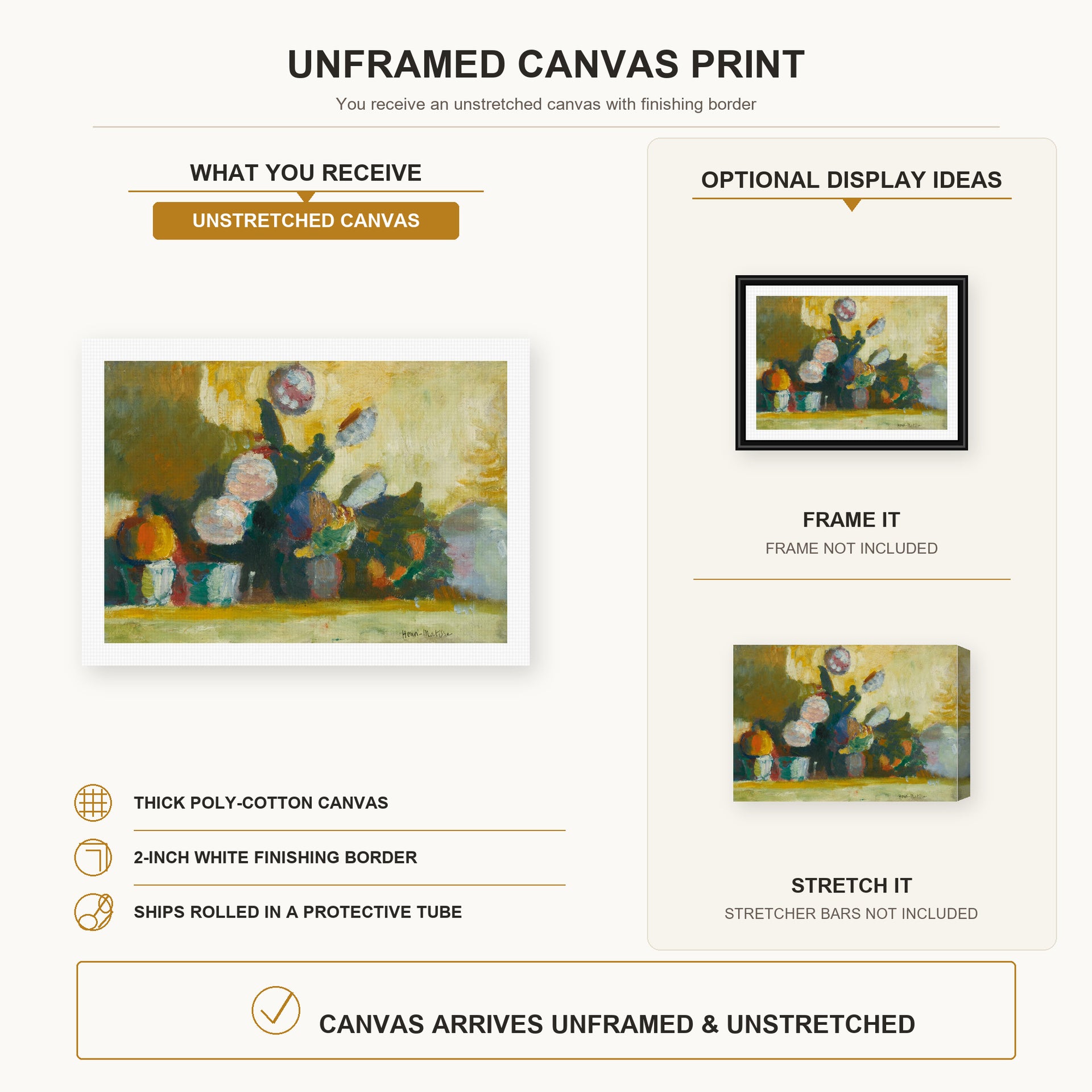 Henri Matisse - Les Boules De Neige (snowballs) canvas print size comparison and framing display infographic