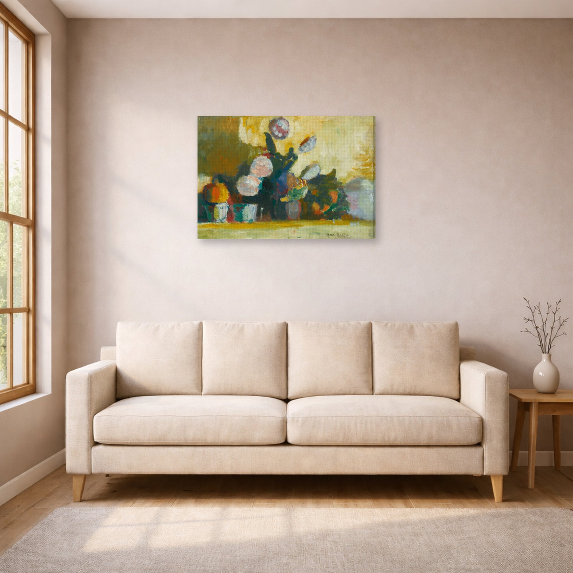 Gallery-wrapped canvas print of Henri Matisse's Les Boules De Neige (snowballs) hanging in a living room, view 1