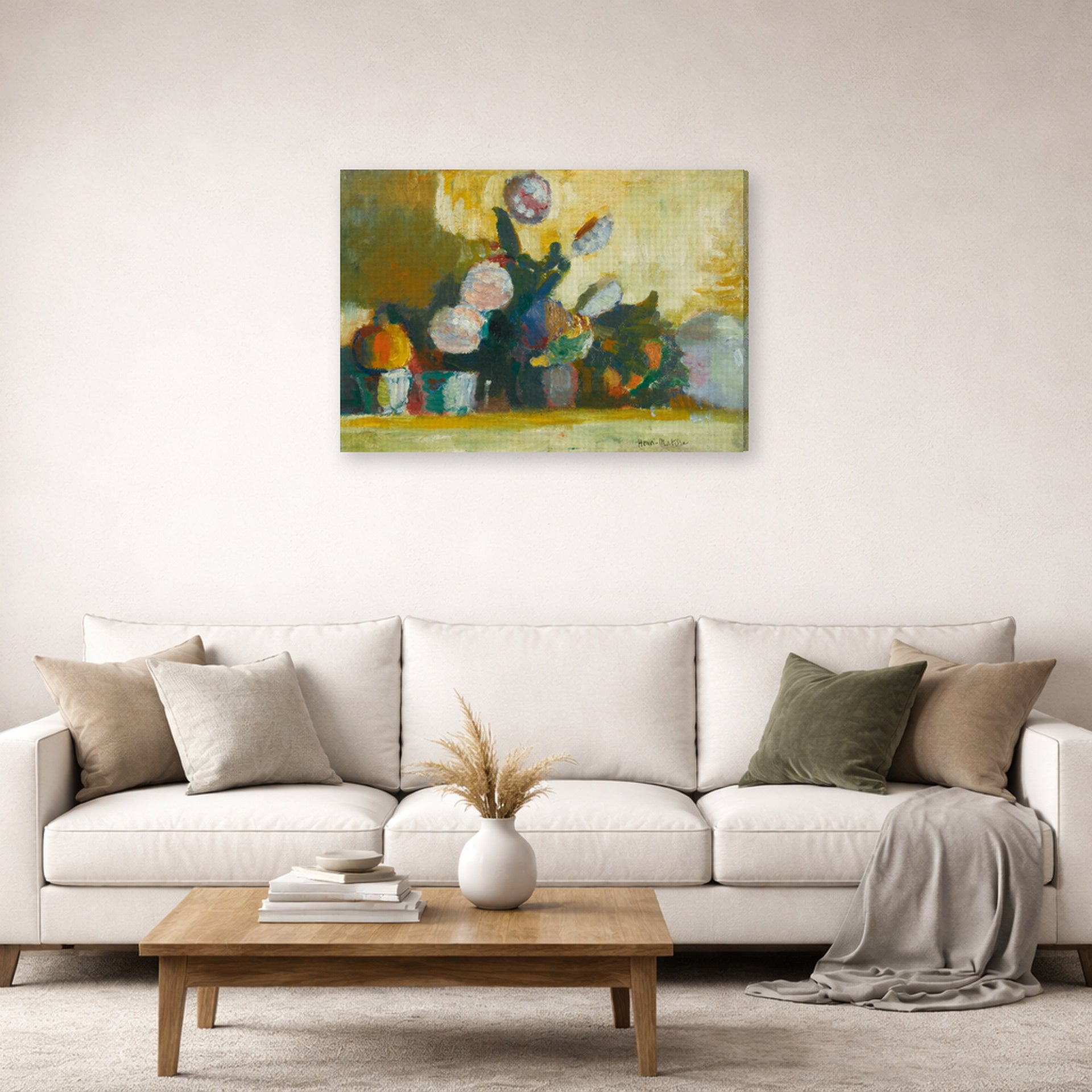 Gallery-wrapped canvas print of Henri Matisse's Les Boules De Neige (snowballs) hanging in a living room, view 2