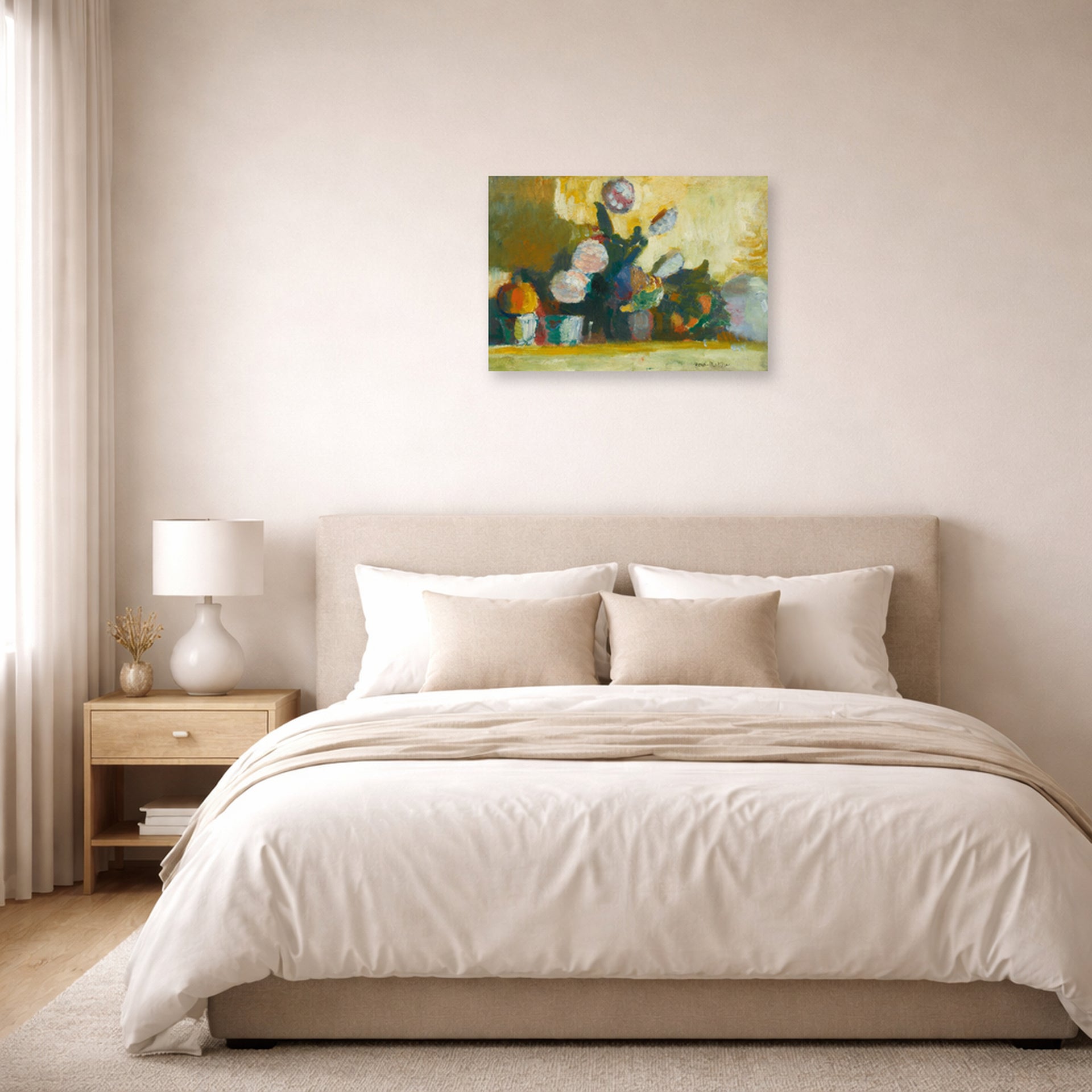 Unframed poster print of Henri Matisse's Les Boules De Neige (snowballs) displayed above a bed in a bedroom