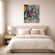 Gallery-wrapped canvas print of Henri Matisse's Les Pivoines hanging above a bed in a bedroom