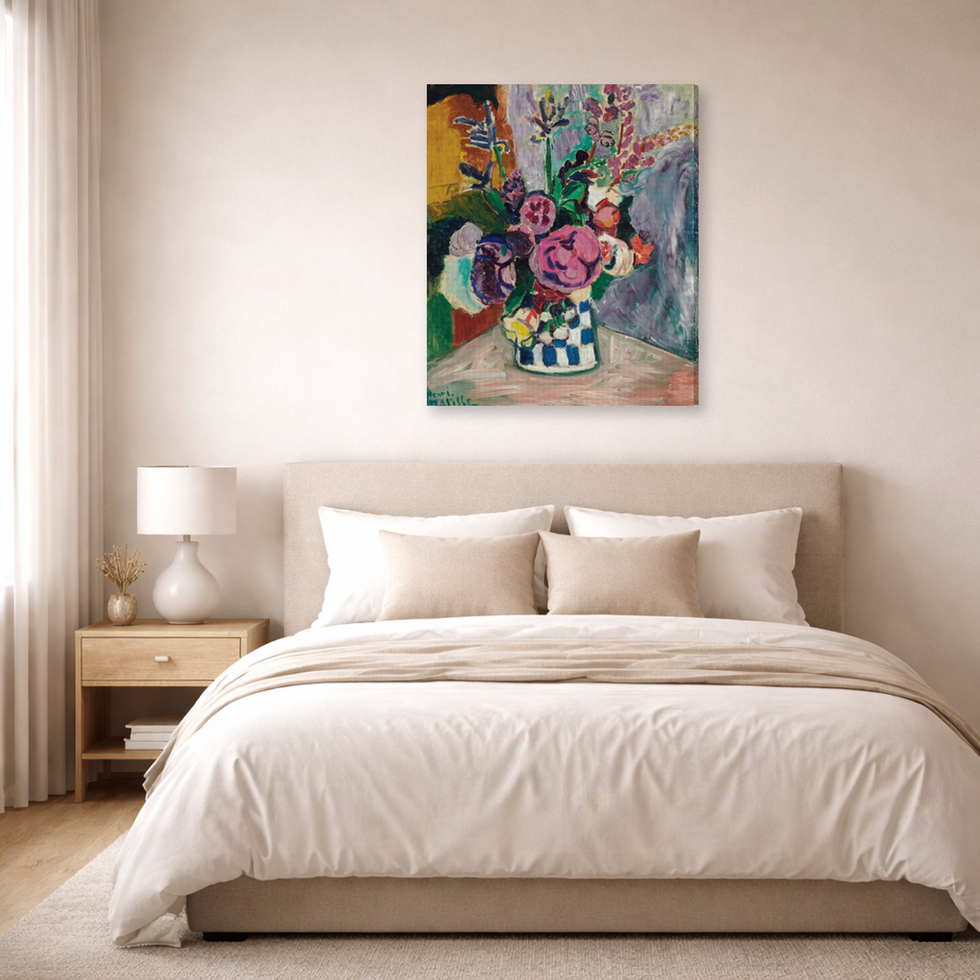 Gallery-wrapped canvas print of Henri Matisse's Les Pivoines hanging above a bed in a bedroom