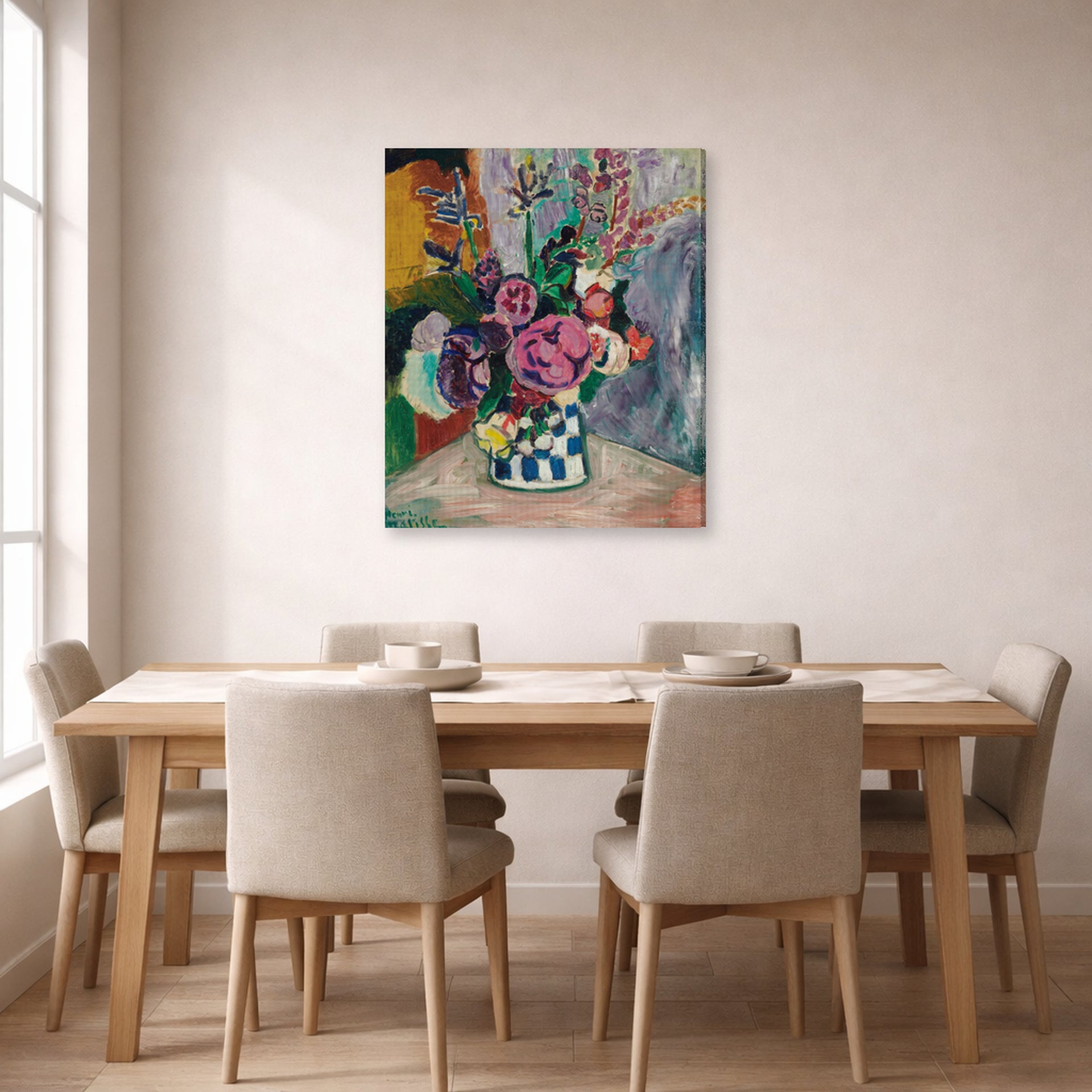 Gallery-wrapped canvas print of Henri Matisse's Les Pivoines hanging on a dining room wall