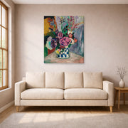Gallery-wrapped canvas print of Henri Matisse's Les Pivoines hanging in a living room, view 1
