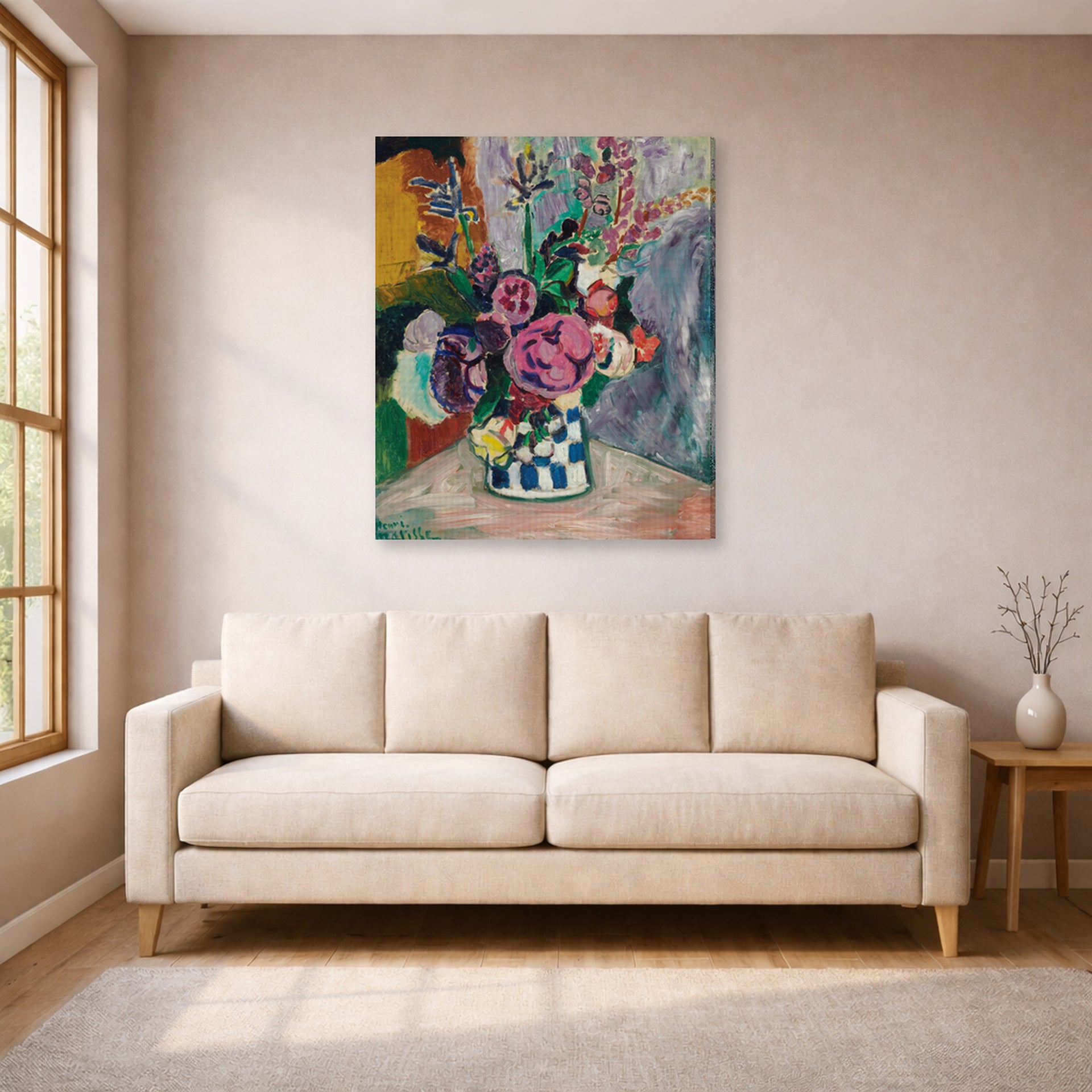 Gallery-wrapped canvas print of Henri Matisse's Les Pivoines hanging in a living room, view 1