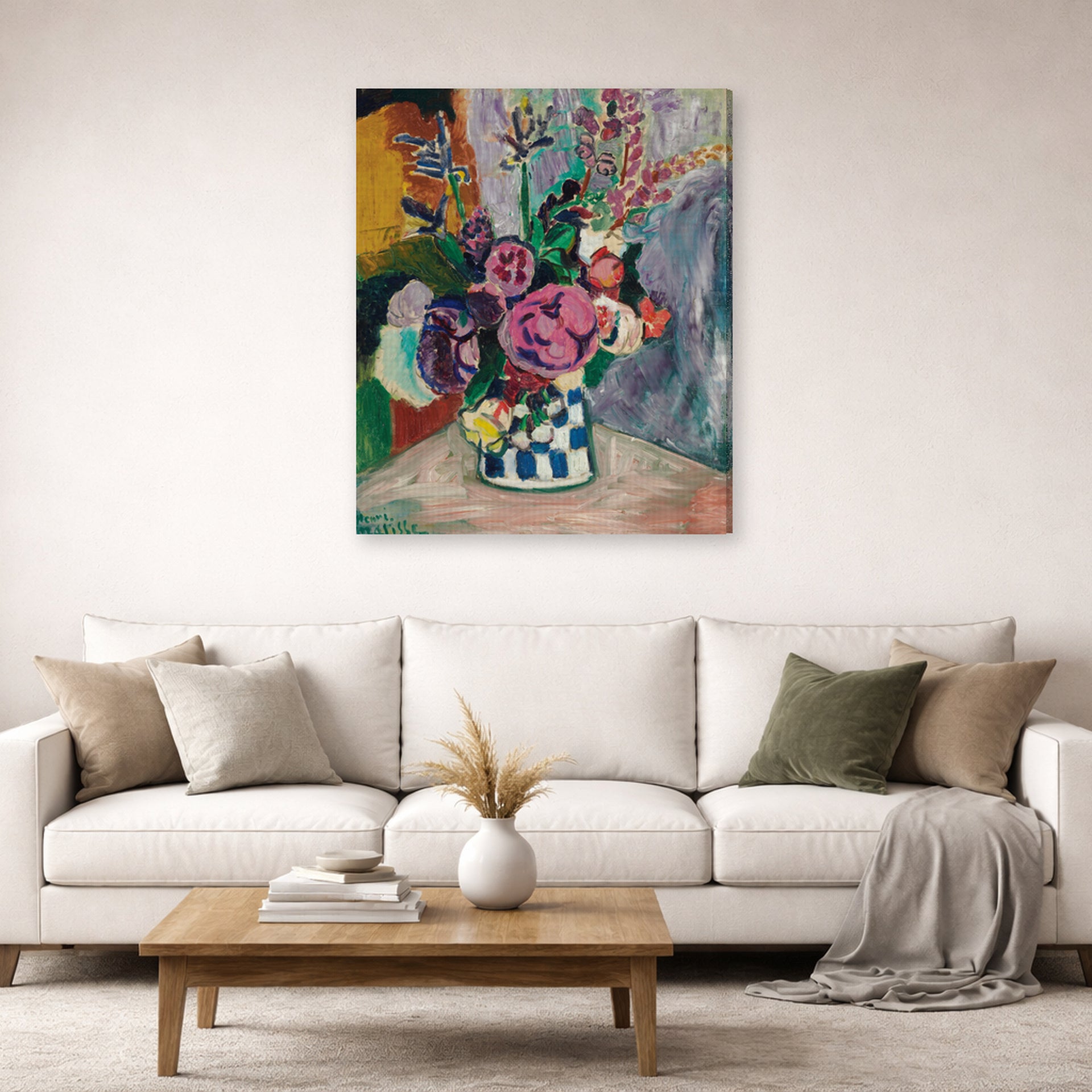 Gallery-wrapped canvas print of Henri Matisse's Les Pivoines hanging in a living room, view 2