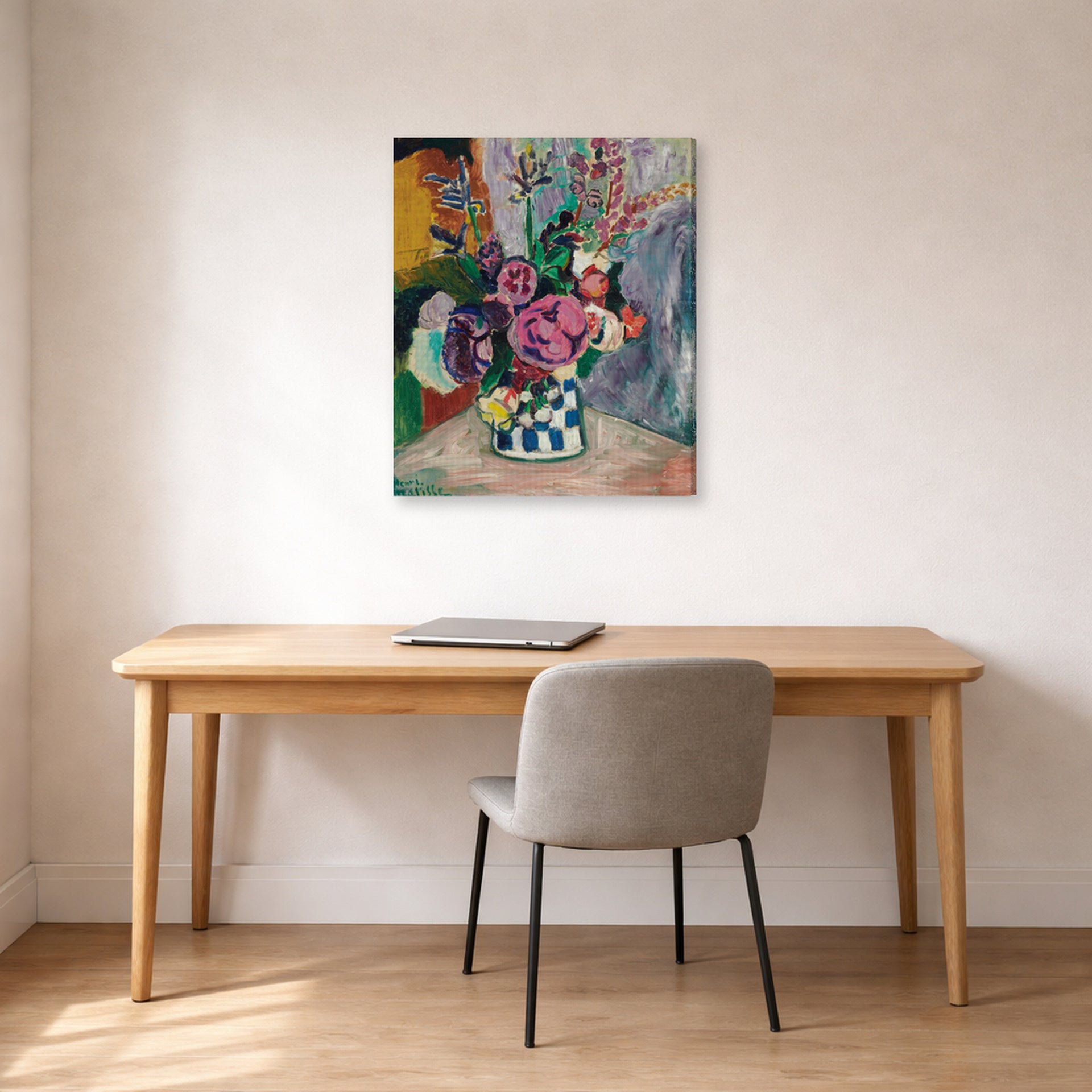 Gallery-wrapped canvas print of Henri Matisse's Les Pivoines hanging in a home office