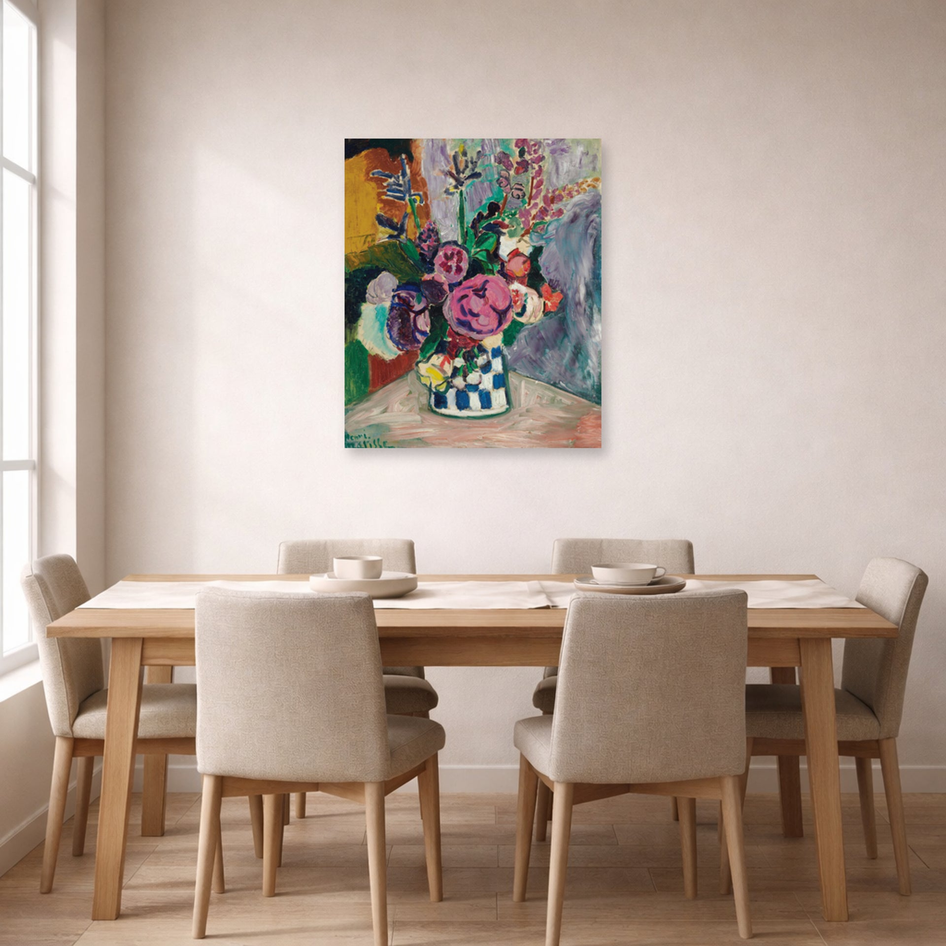 Unframed poster print of Henri Matisse's Les Pivoines displayed on a dining room wall
